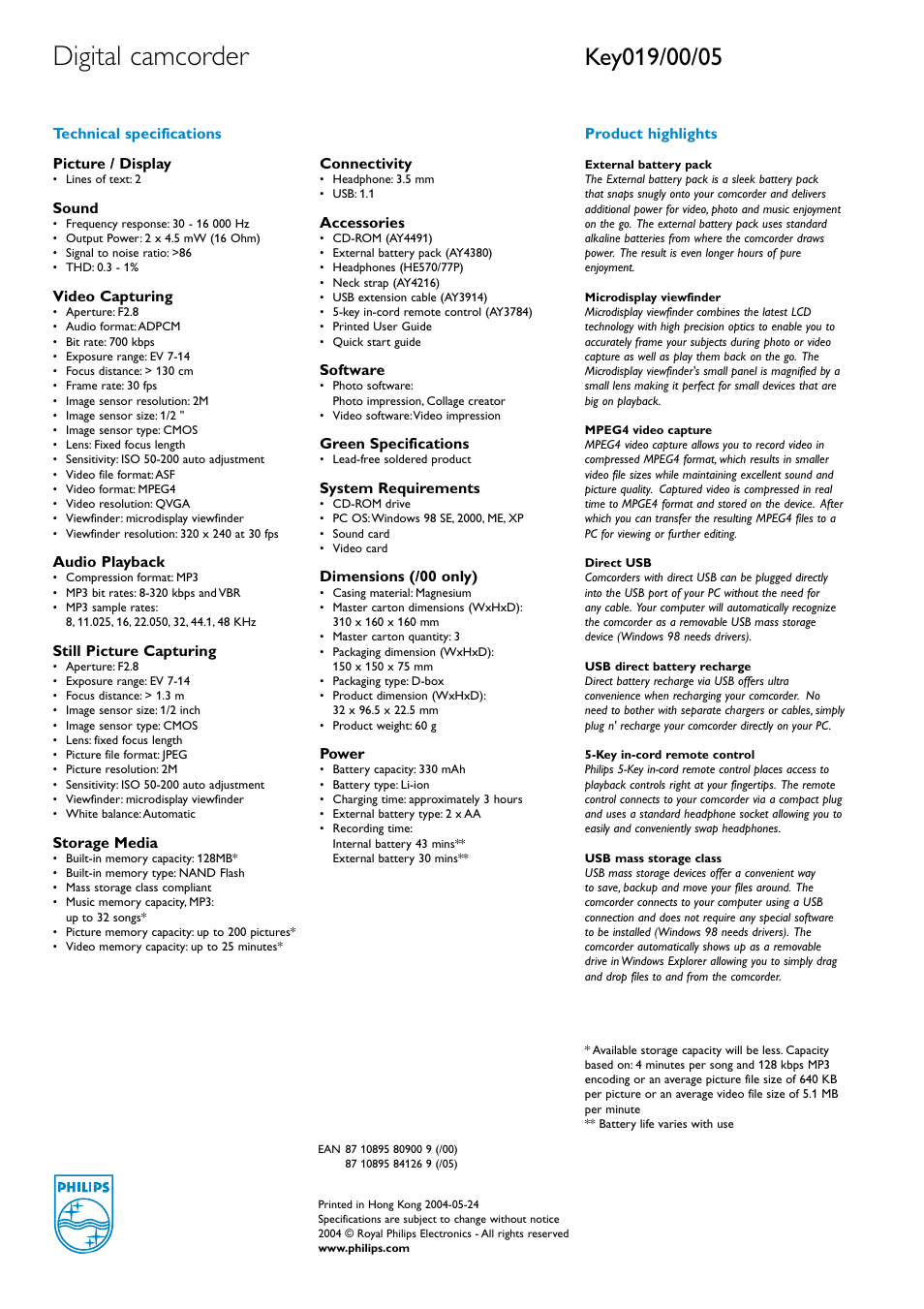 Digital camcorder | Philips Key019 User Manual | Page 2 / 2