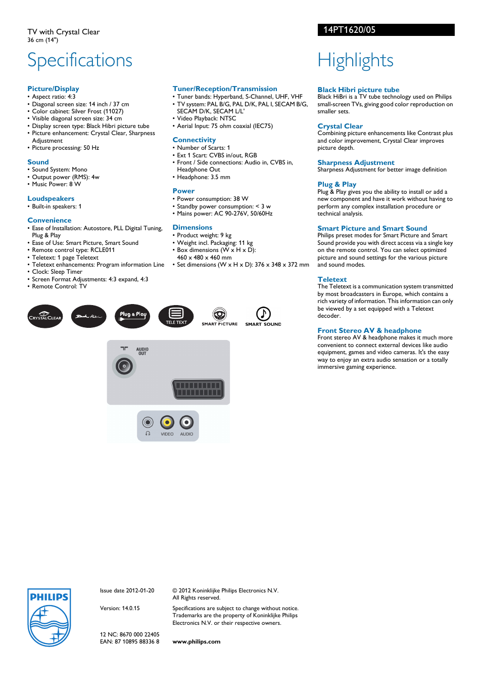 Specifications, Highlights | Philips 14PT1620 User Manual | Page 2 / 2