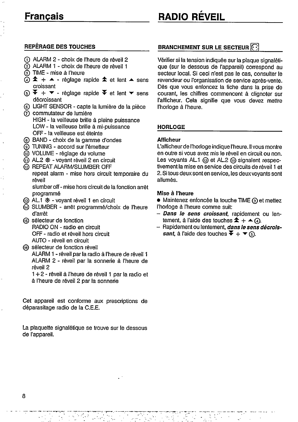 Radio reveil, Français radio reveil | Philips AJ3602 User Manual | Page 4 / 10