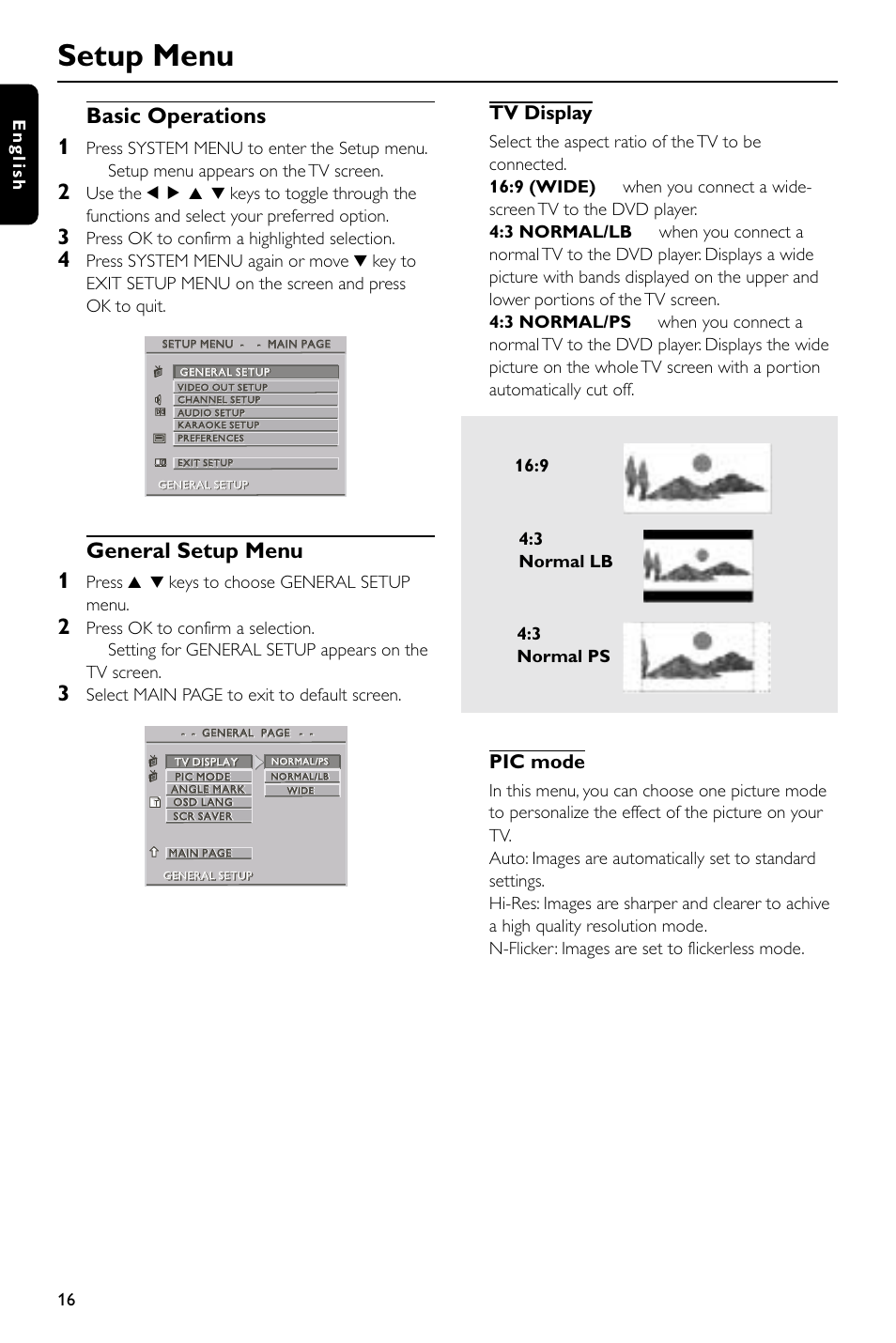 Setup menu, Basic operations 1, General setup menu 1 | Tv display, Pic mode, Press ok to confirm a highlighted selection, Press 3 4 keys to choose general setup menu, Select main page to exit to default screen | Philips DVD580M User Manual | Page 16 / 22