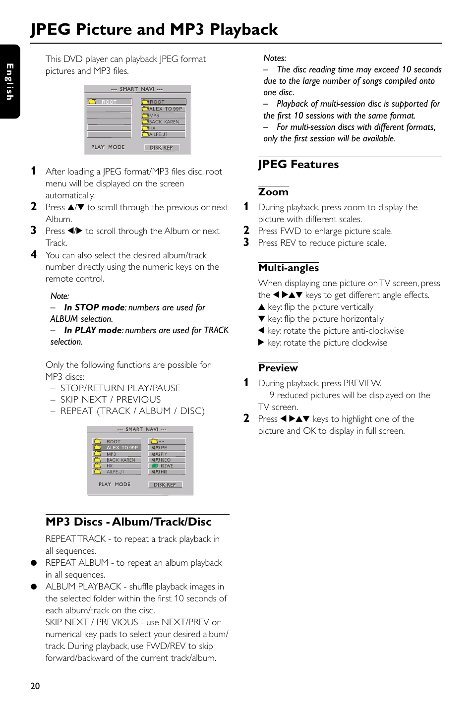 Jpeg picture and mp3 playback, Mp3 discs - album/track/disc, Jpeg features | Zoom, Multi-angles, Preview | Philips DVD580M User Manual | Page 20 / 22