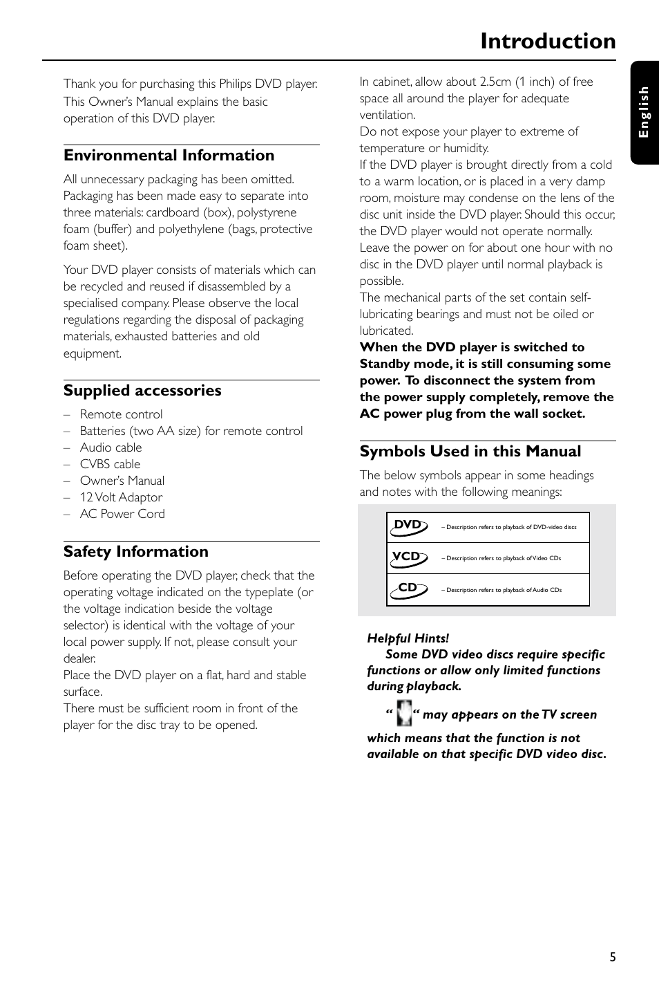 Introduction, Environmental information, Supplied accessories | Safety information, Symbols used in this manual | Philips DVD580M User Manual | Page 5 / 22