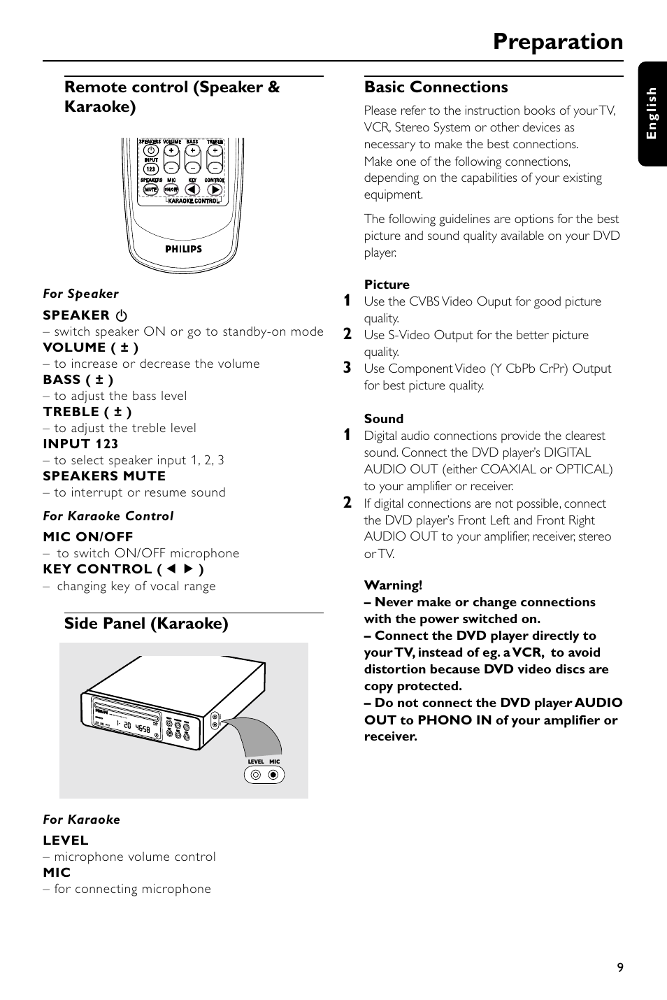 Preparation, Basic connections, Remote control (speaker & karaoke) | Side panel (karaoke) | Philips DVD580M User Manual | Page 9 / 22