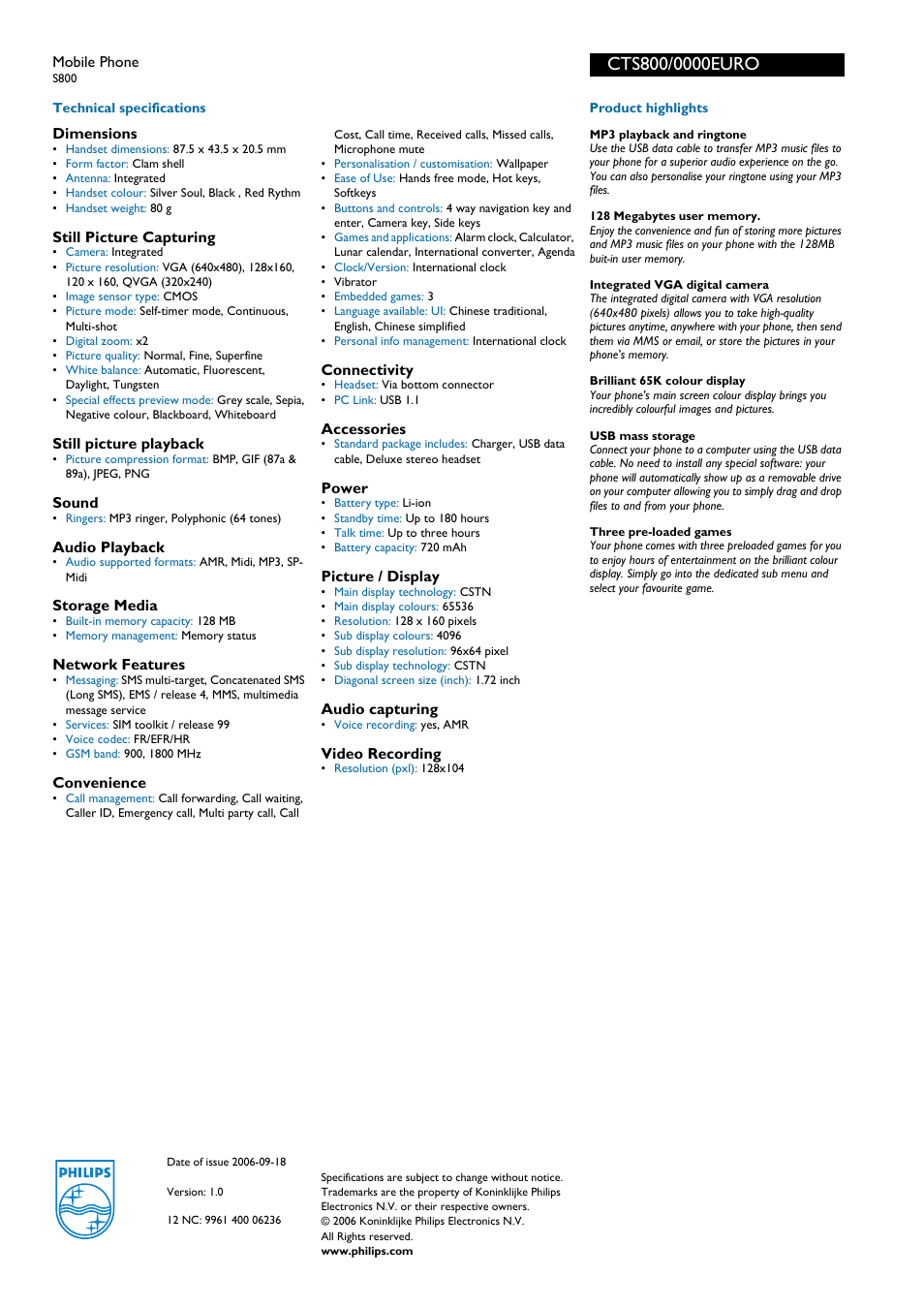 For preview purpose only | Philips CTS800 User Manual | Page 2 / 2