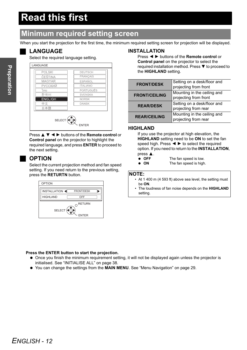 Read this first, Minimum required setting screen, Nglish - 12 | Jlanguage, Joption, Preparation | Philips PT-F100NTE User Manual | Page 12 / 56