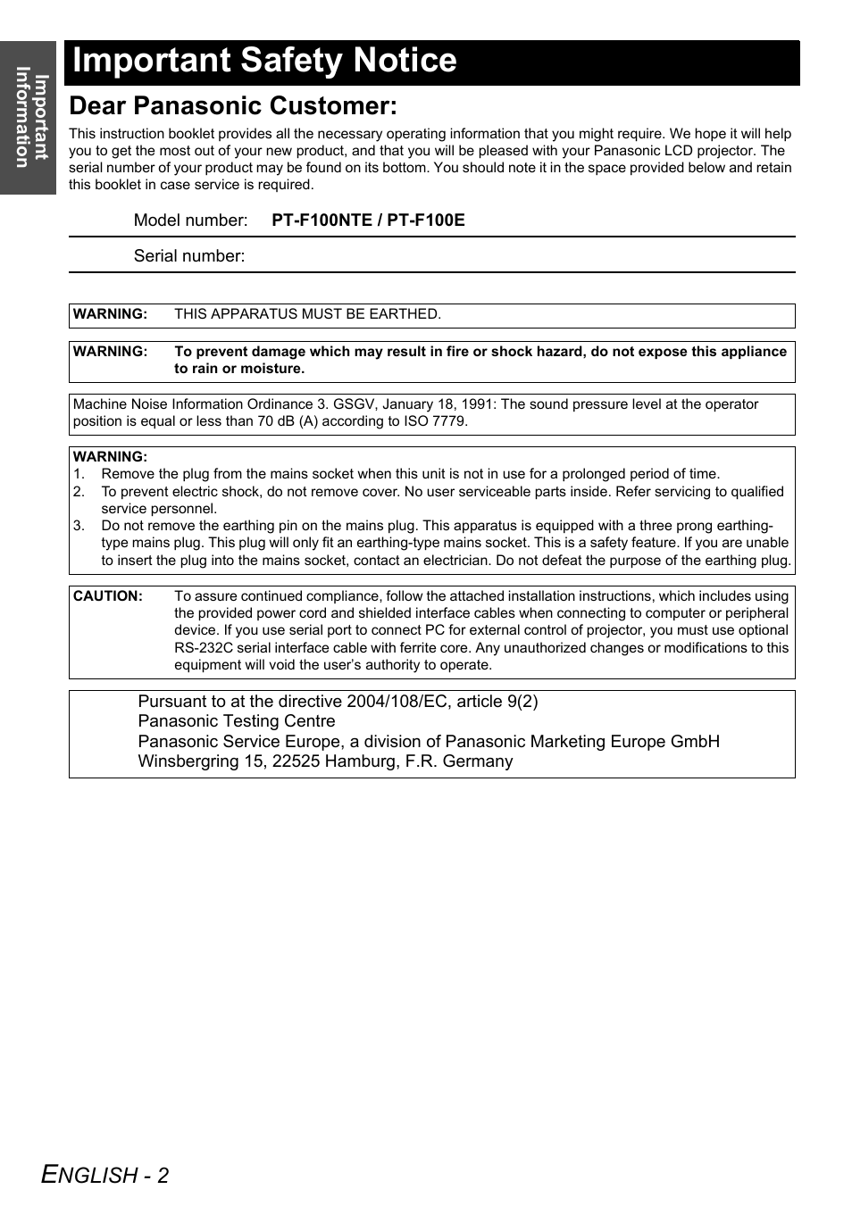 Important safety notice, Dear panasonic customer, Nglish - 2 | Philips PT-F100NTE User Manual | Page 2 / 56