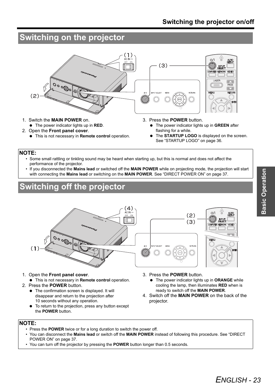 Switching on the projector, Switching off the projector, Nglish - 23 | Switching the projector on/off, Basic o p eration | Philips PT-F100NTE User Manual | Page 23 / 56