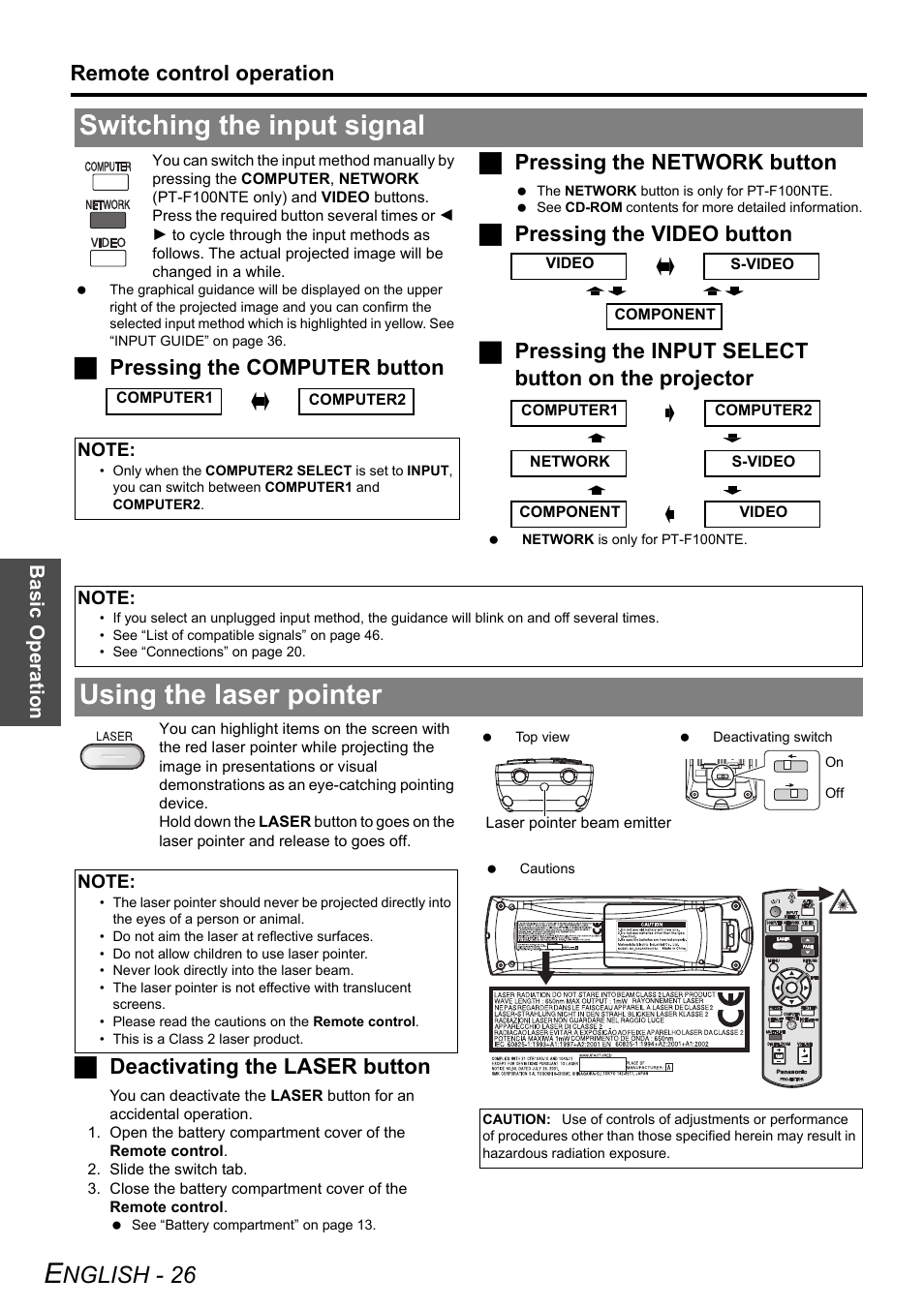 Switching the input signal, Using the laser pointer, Switching the input signal using the laser pointer | Nglish - 26, Remote control operation, Jdeactivating the laser button | Philips PT-F100NTE User Manual | Page 26 / 56