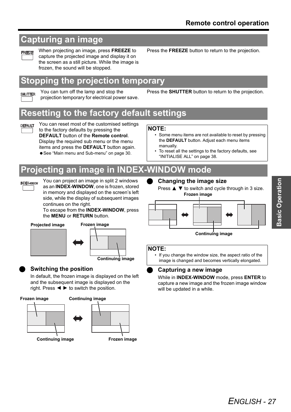 Capturing an image, Stopping the projection temporary, Resetting to the factory default settings | Projecting an image in index-window mode, Nglish - 27, Remote control operation | Philips PT-F100NTE User Manual | Page 27 / 56