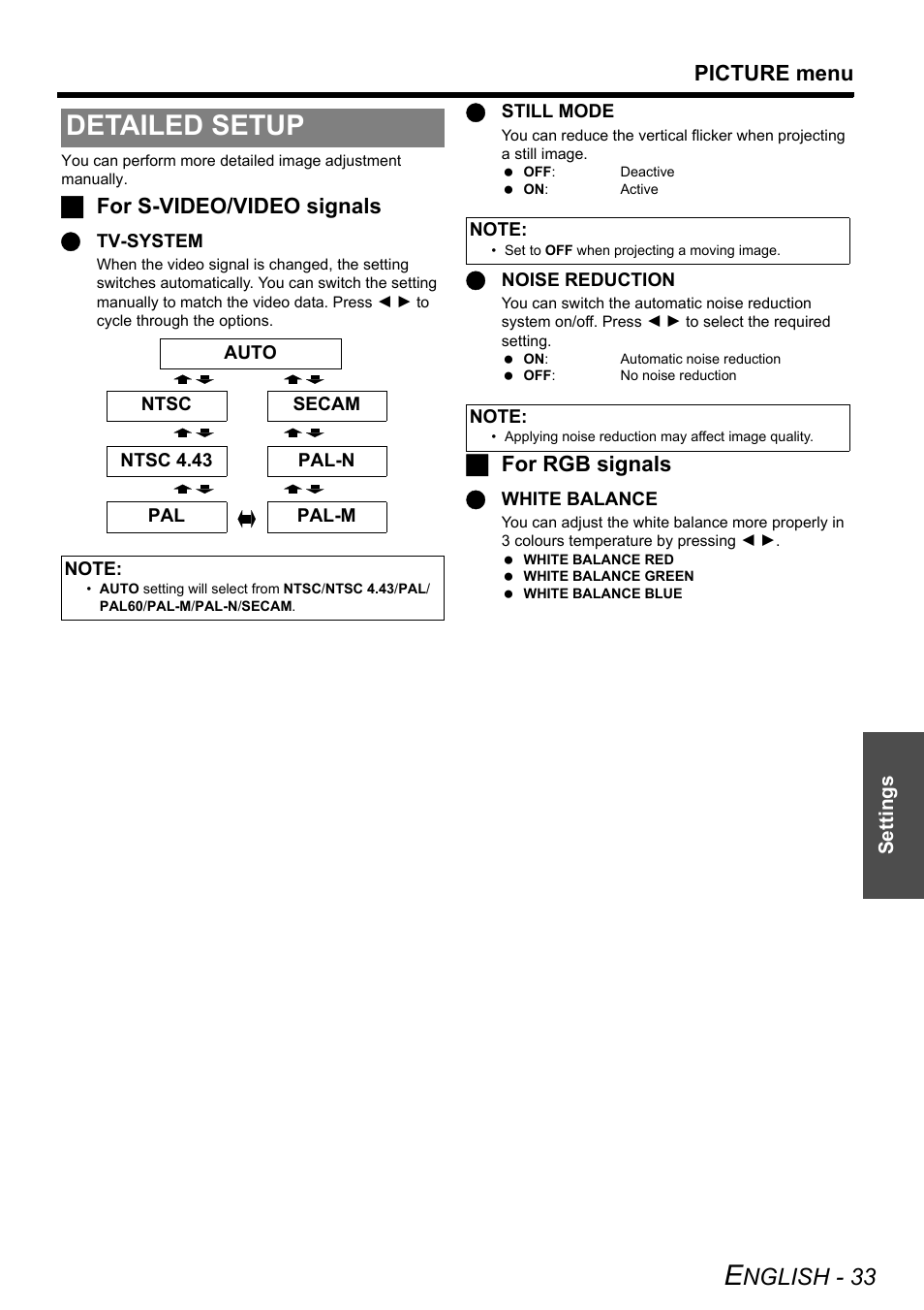 Detailed setup, Nglish - 33, Picture menu | Jfor s-video/video signals, Jfor rgb signals | Philips PT-F100NTE User Manual | Page 33 / 56