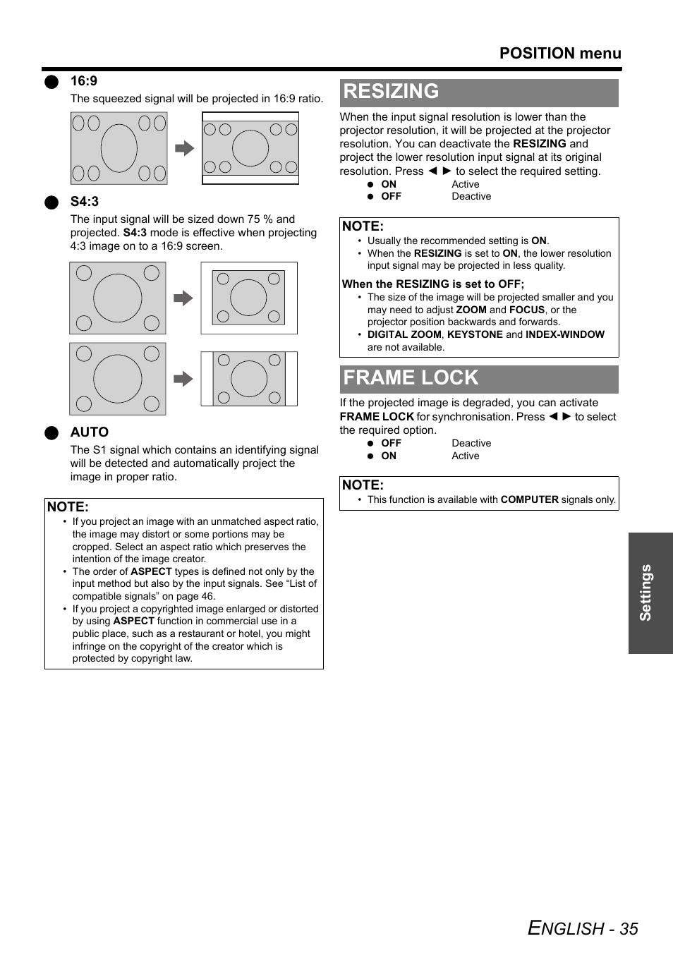 Resizing, Frame lock, Resizing frame lock | Nglish - 35, Position menu, Settings | Philips PT-F100NTE User Manual | Page 35 / 56