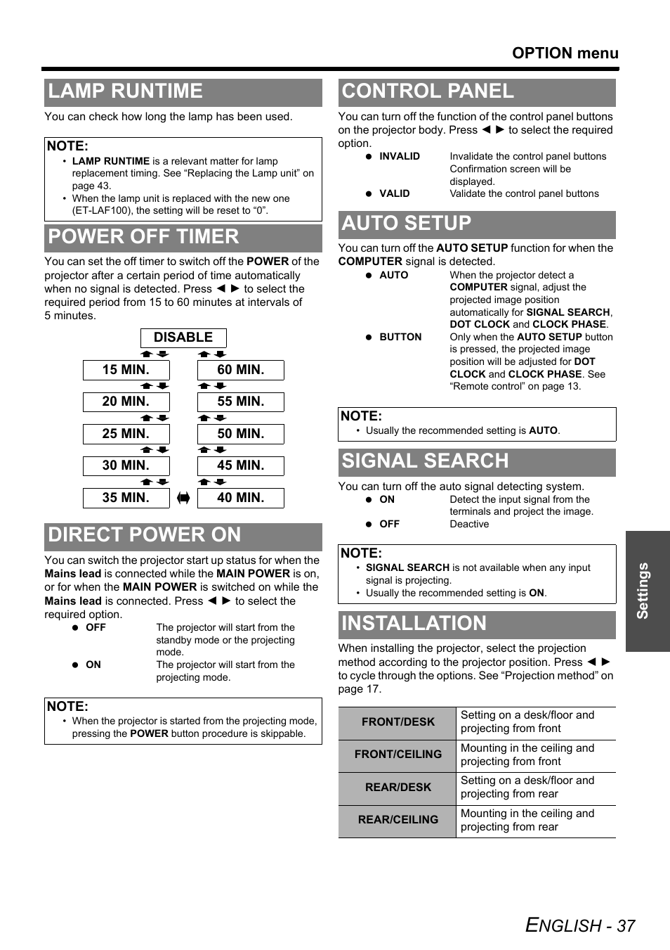 Lamp runtime, Power off timer, Direct power on | Control panel, Auto setup, Signal search, Installation, See “direct, Power off timer direct power on, Control panel auto setup | Philips PT-F100NTE User Manual | Page 37 / 56