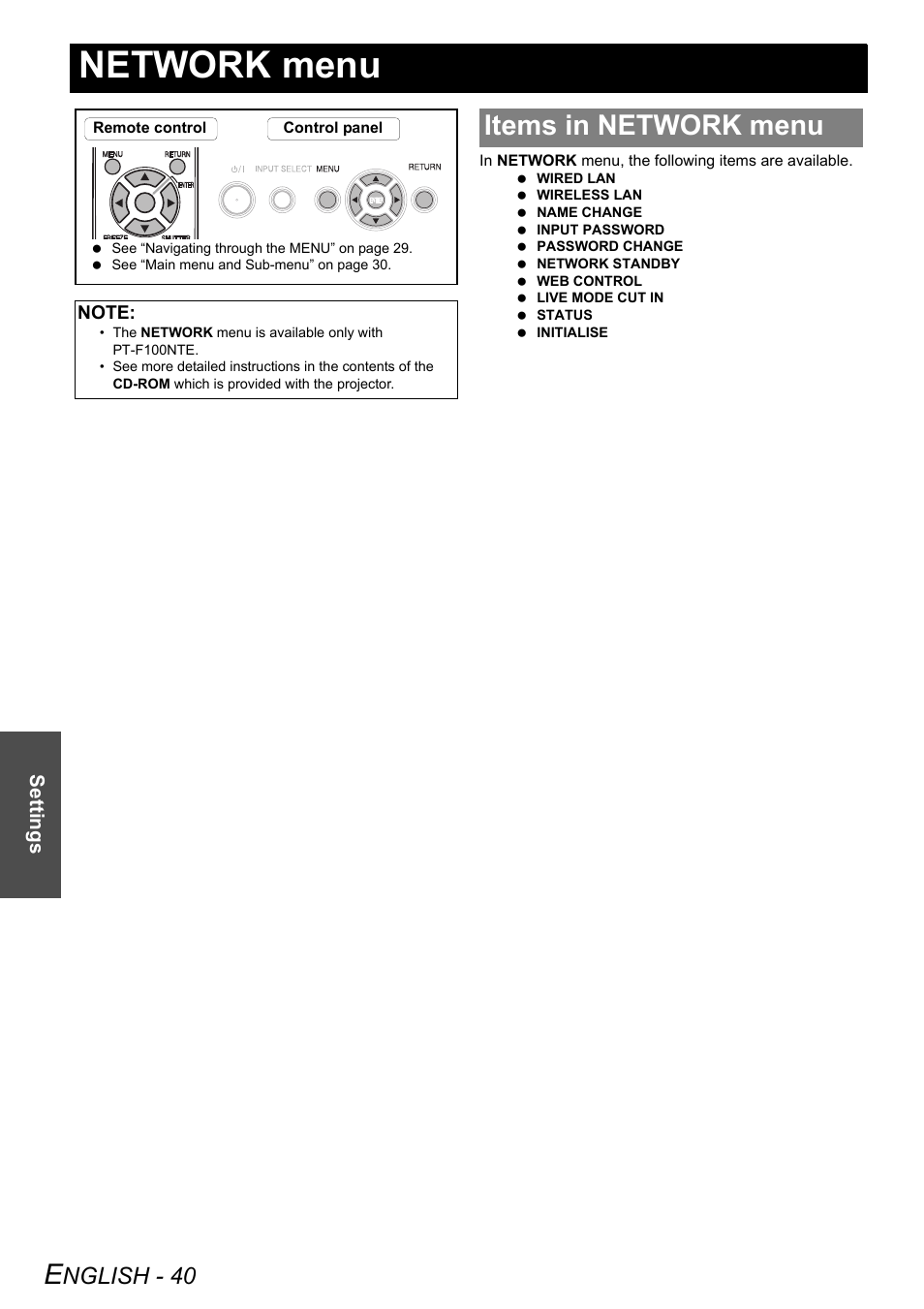 Network menu, Items in network menu, Nglish - 40 | Settings | Philips PT-F100NTE User Manual | Page 40 / 56