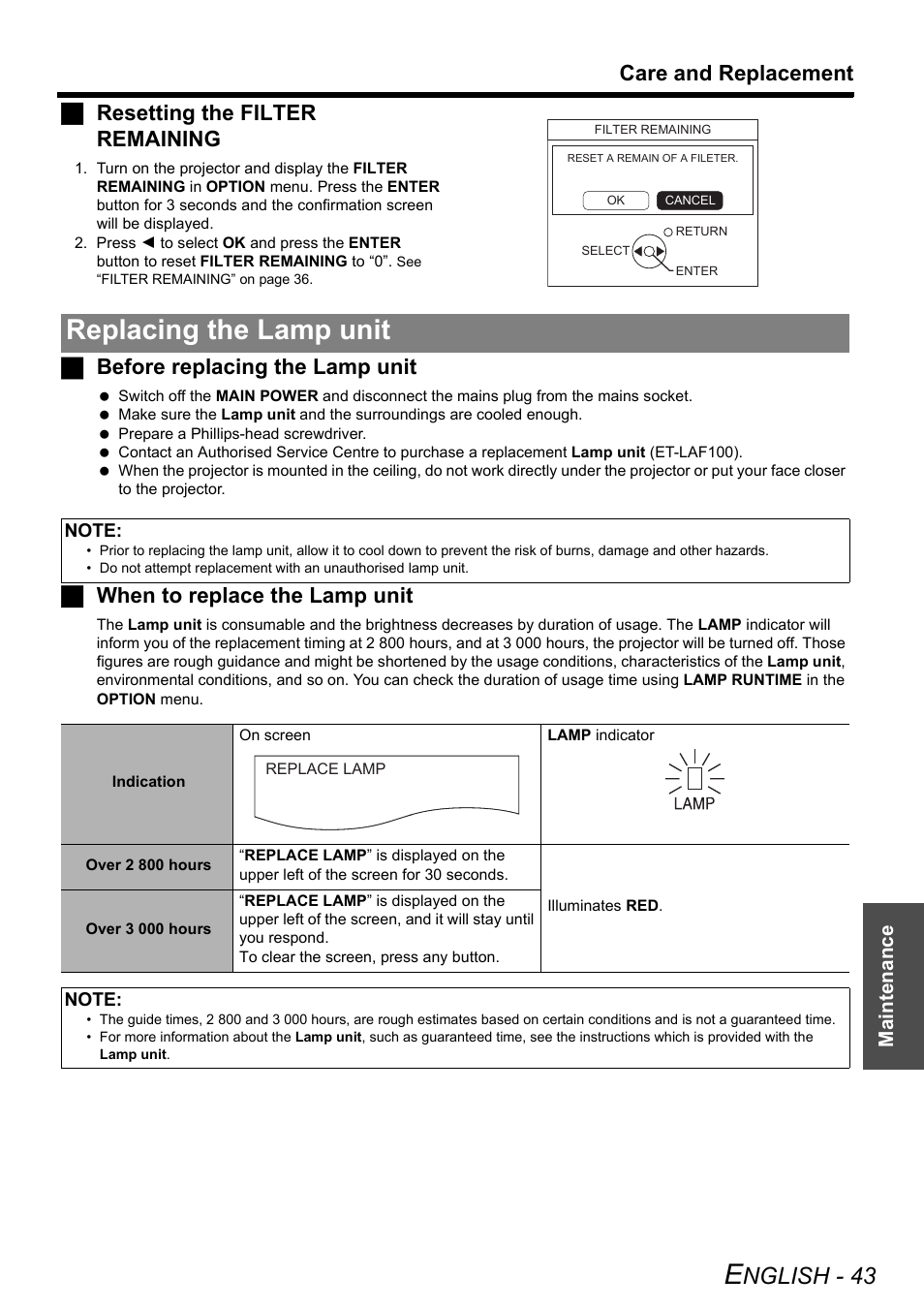 Replacing the lamp unit, Nglish - 43, Care and replacement | Jresetting the filter remaining, Jbefore replacing the lamp unit, Jwhen to replace the lamp unit, Maintenance | Philips PT-F100NTE User Manual | Page 43 / 56