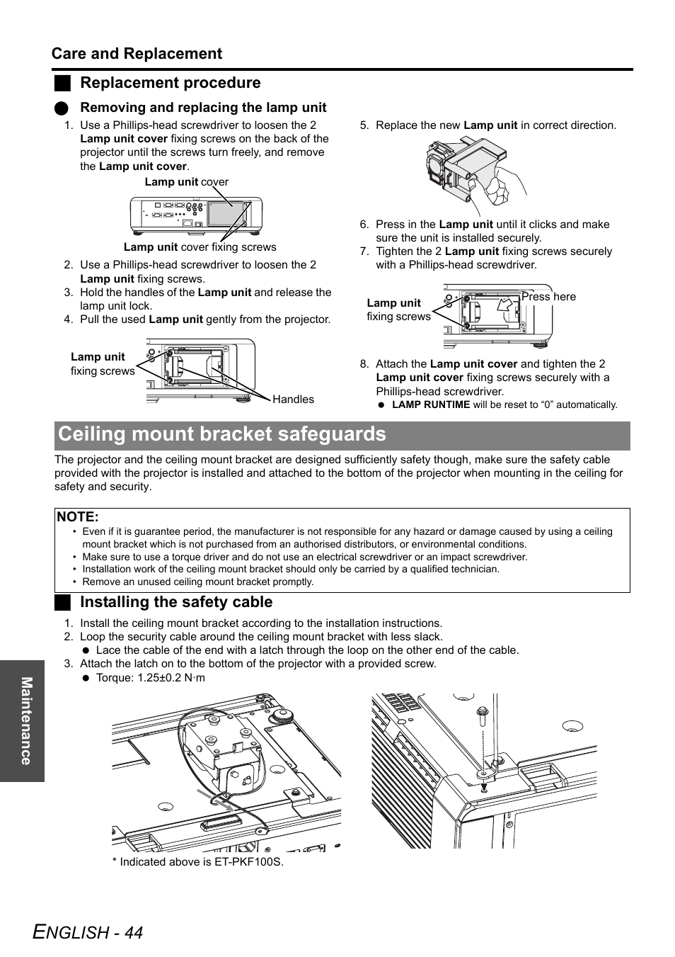 Ceiling mount bracket safeguards, Nglish - 44, Care and replacement | Jreplacement procedure, Jinstalling the safety cable | Philips PT-F100NTE User Manual | Page 44 / 56