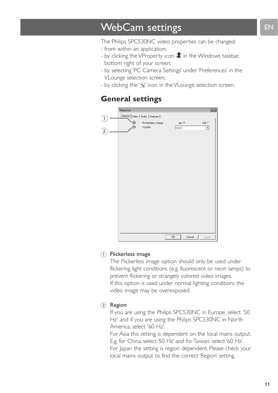 Webcam settings, General settings | Philips SPC530NC User Manual | Page 11 / 28