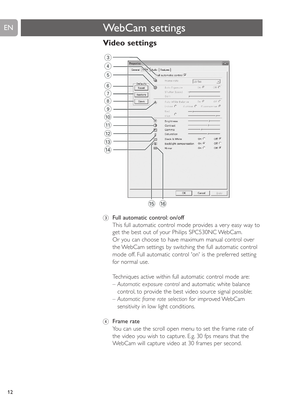 Webcam settings, Video settings | Philips SPC530NC User Manual | Page 12 / 28