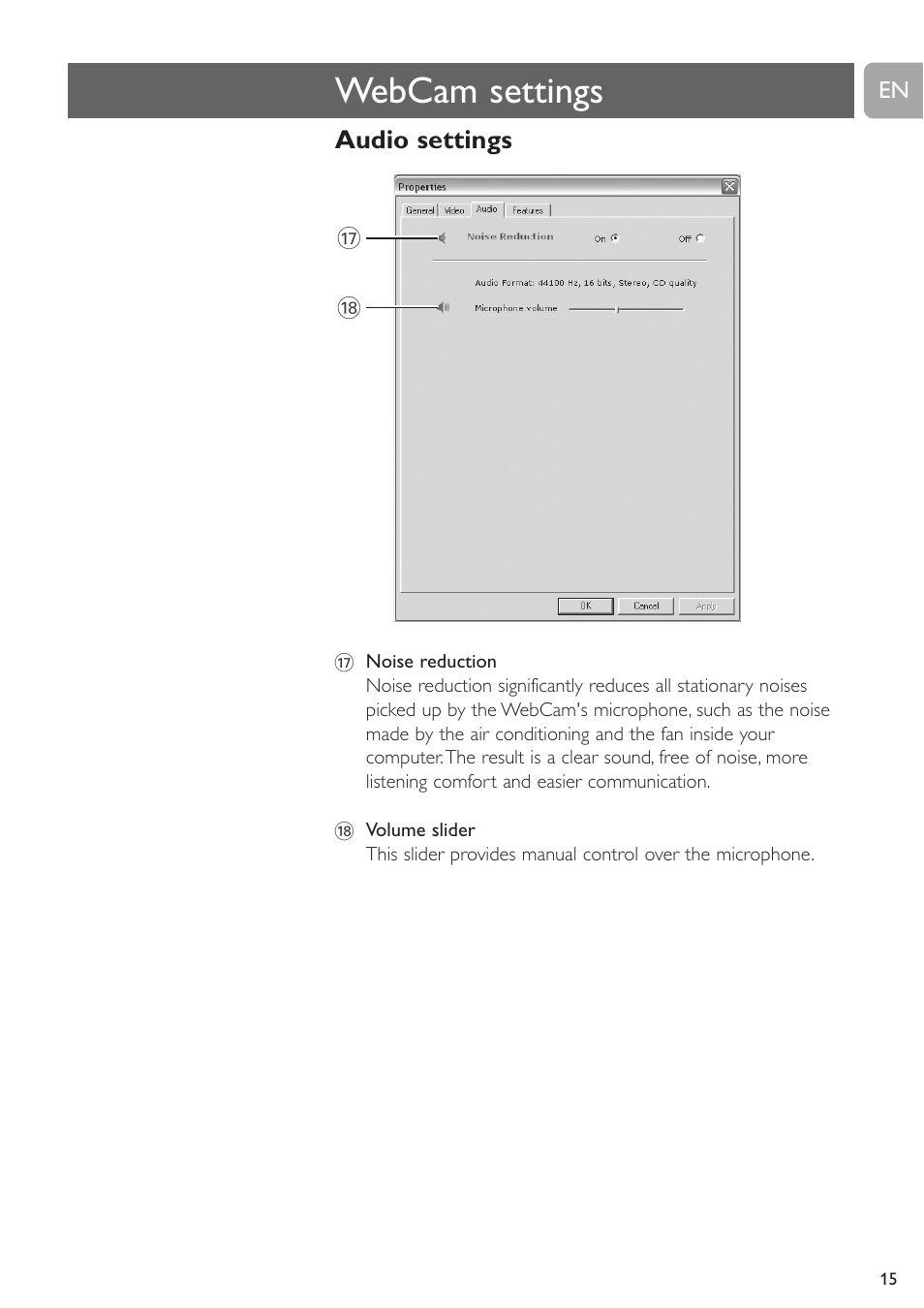 Webcam settings, Audio settings | Philips SPC530NC User Manual | Page 15 / 28