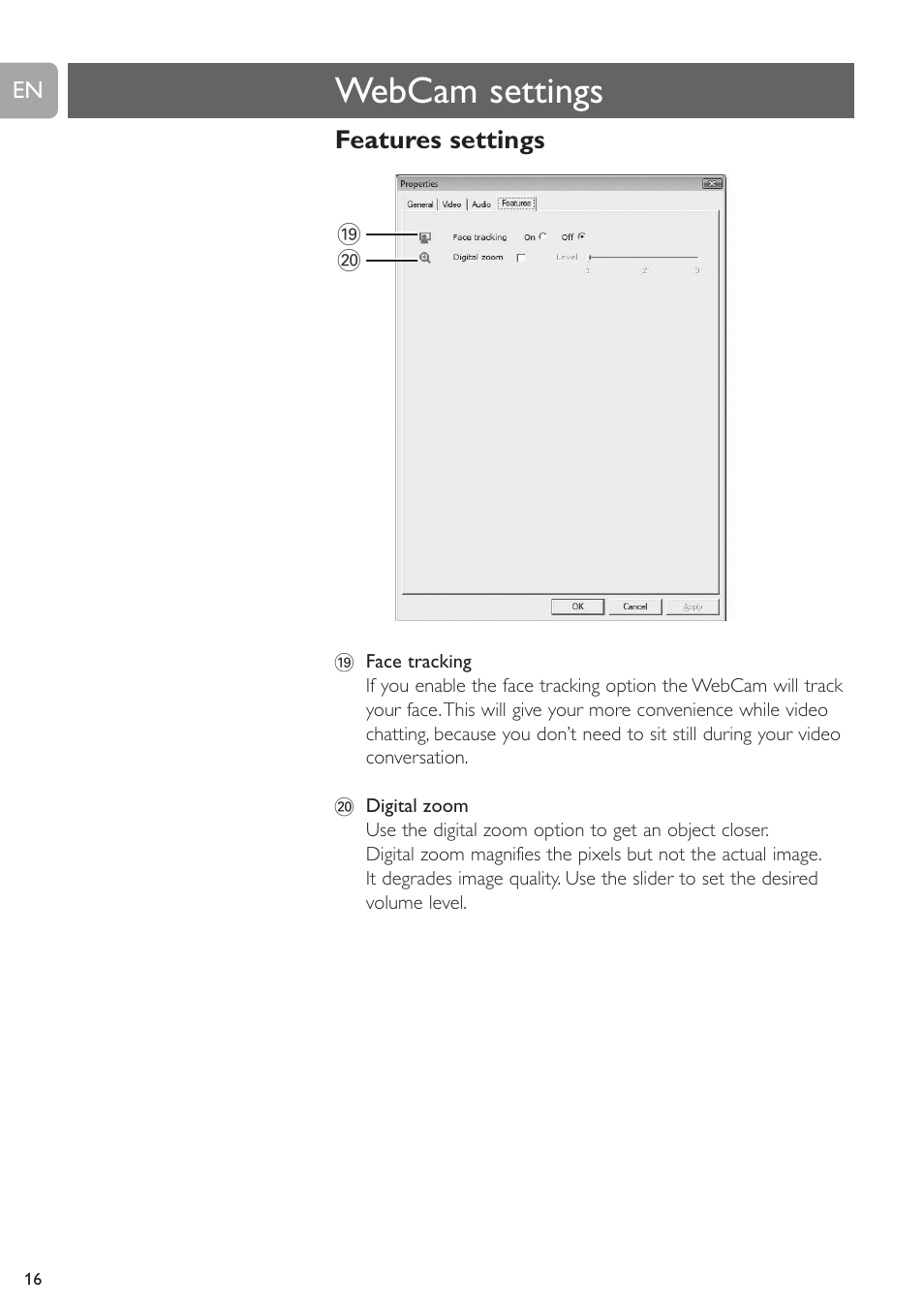 Webcam settings, Features settings | Philips SPC530NC User Manual | Page 16 / 28