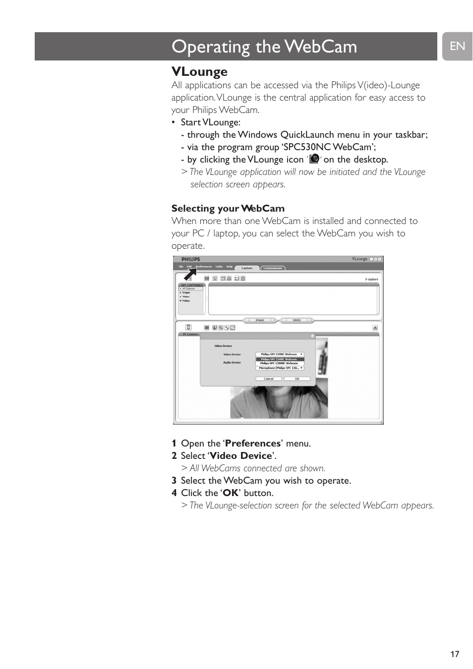 Operating the webcam, Vlounge | Philips SPC530NC User Manual | Page 17 / 28