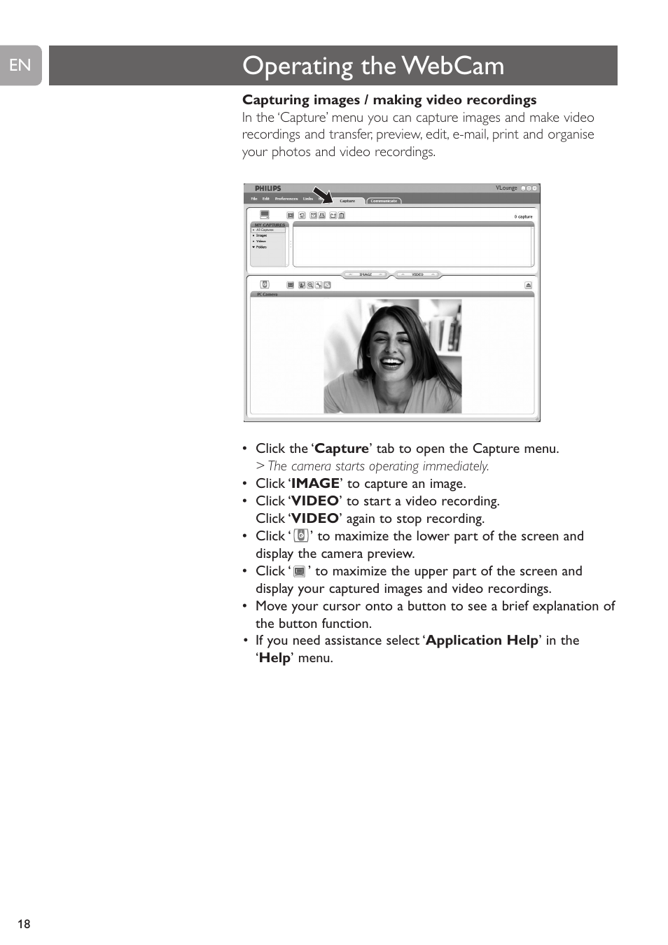 Operating the webcam | Philips SPC530NC User Manual | Page 18 / 28