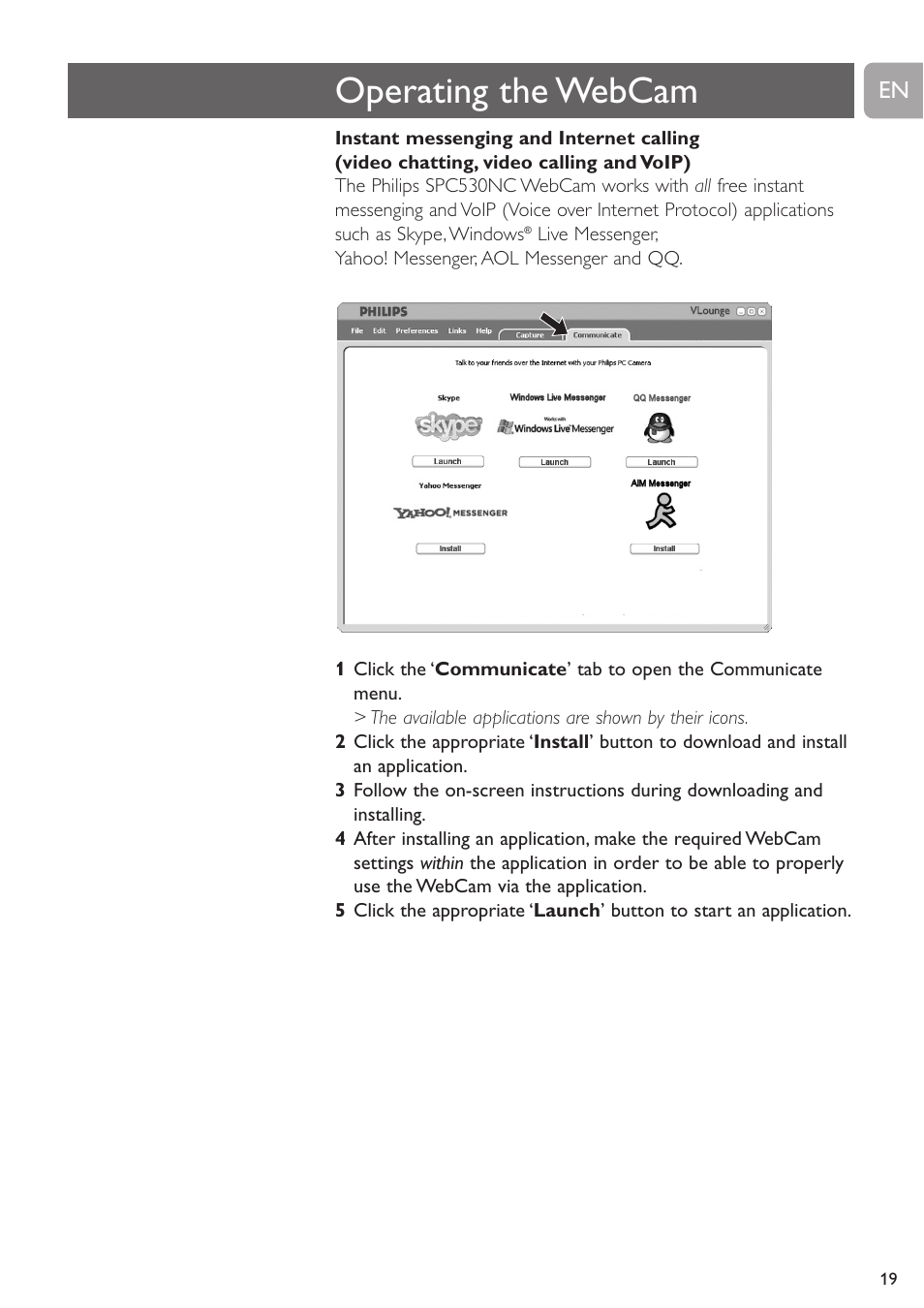 Operating the webcam | Philips SPC530NC User Manual | Page 19 / 28