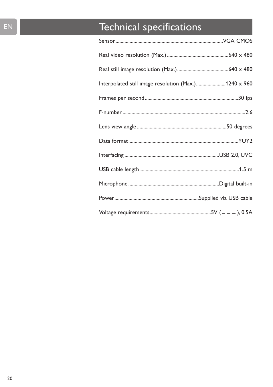 Technical specifications | Philips SPC530NC User Manual | Page 20 / 28