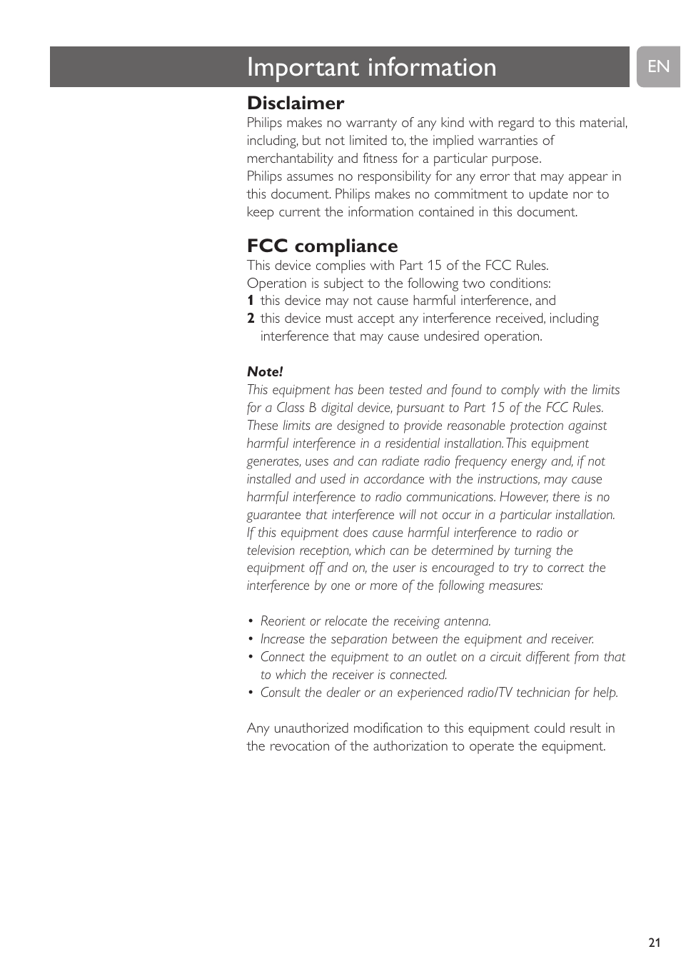 Important information, Disclaimer, Fcc compliance | Philips SPC530NC User Manual | Page 21 / 28