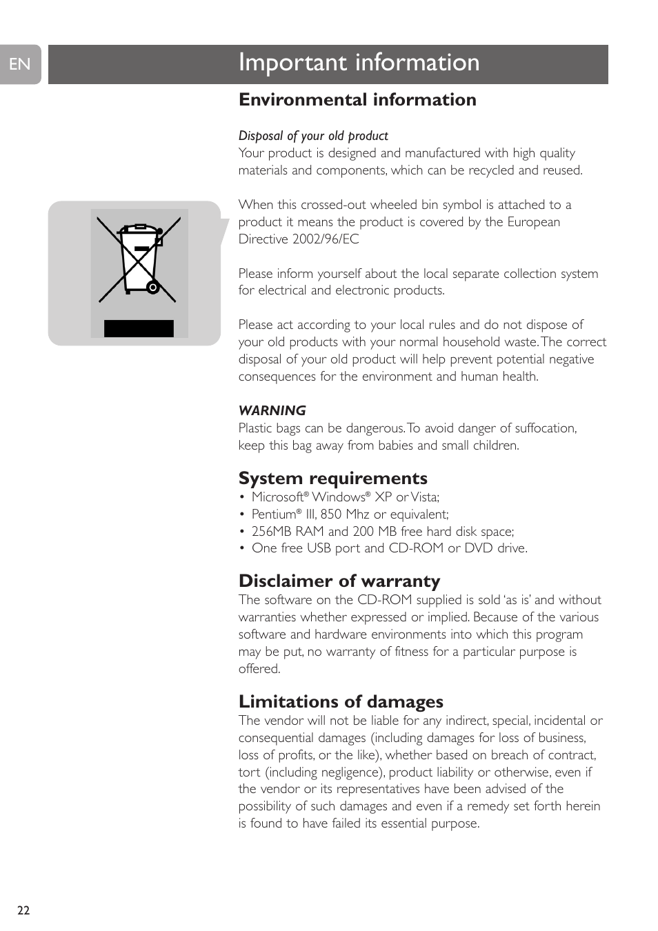 Important information, Environmental information, System requirements | Disclaimer of warranty, Limitations of damages | Philips SPC530NC User Manual | Page 22 / 28