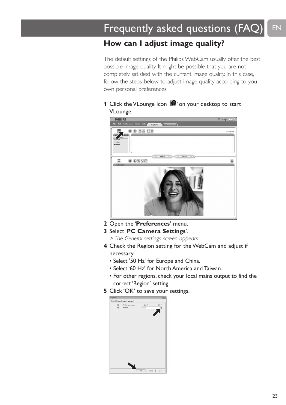 Frequently asked questions (faq), How can i adjust image quality | Philips SPC530NC User Manual | Page 23 / 28