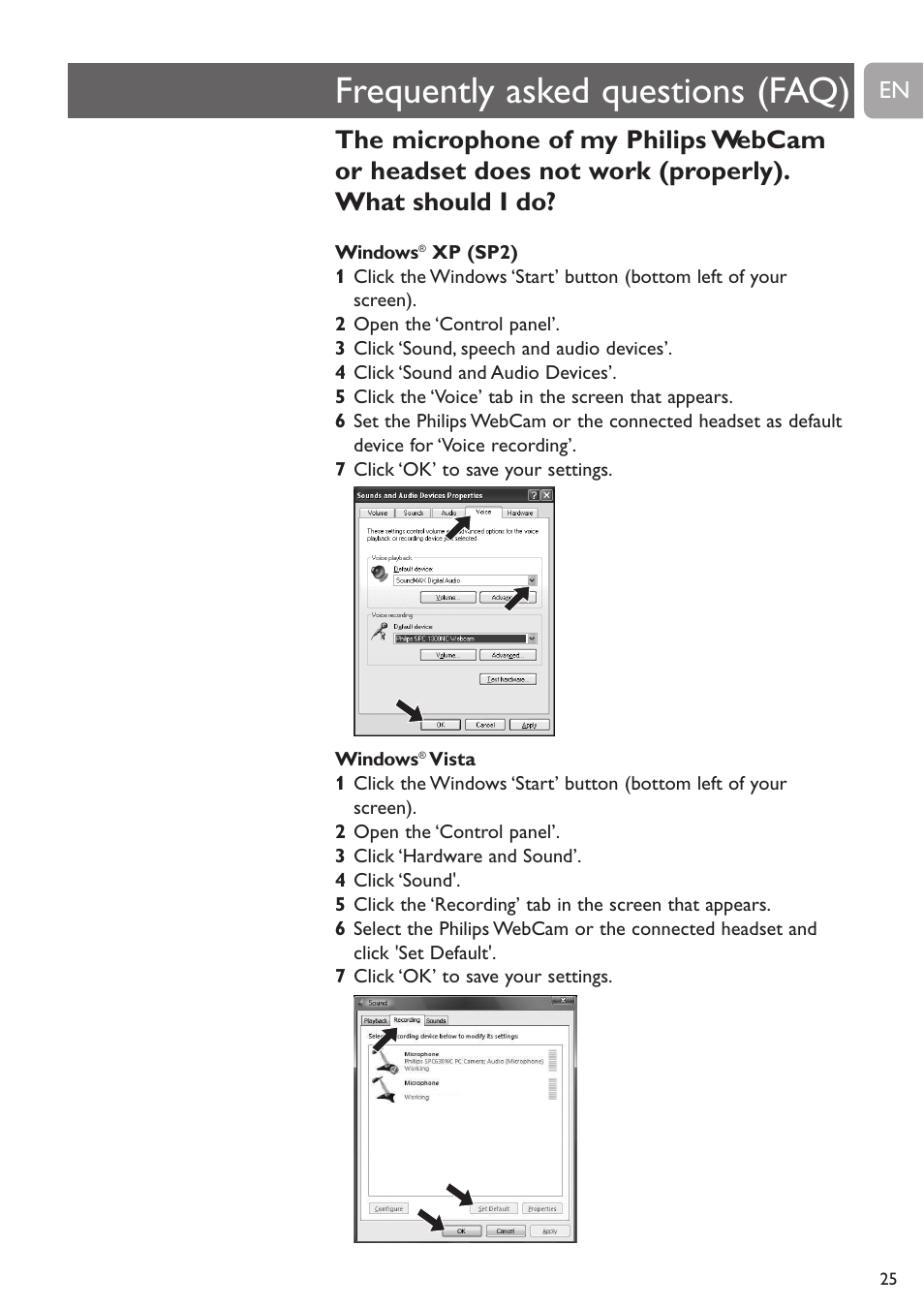 Frequently asked questions (faq) | Philips SPC530NC User Manual | Page 25 / 28