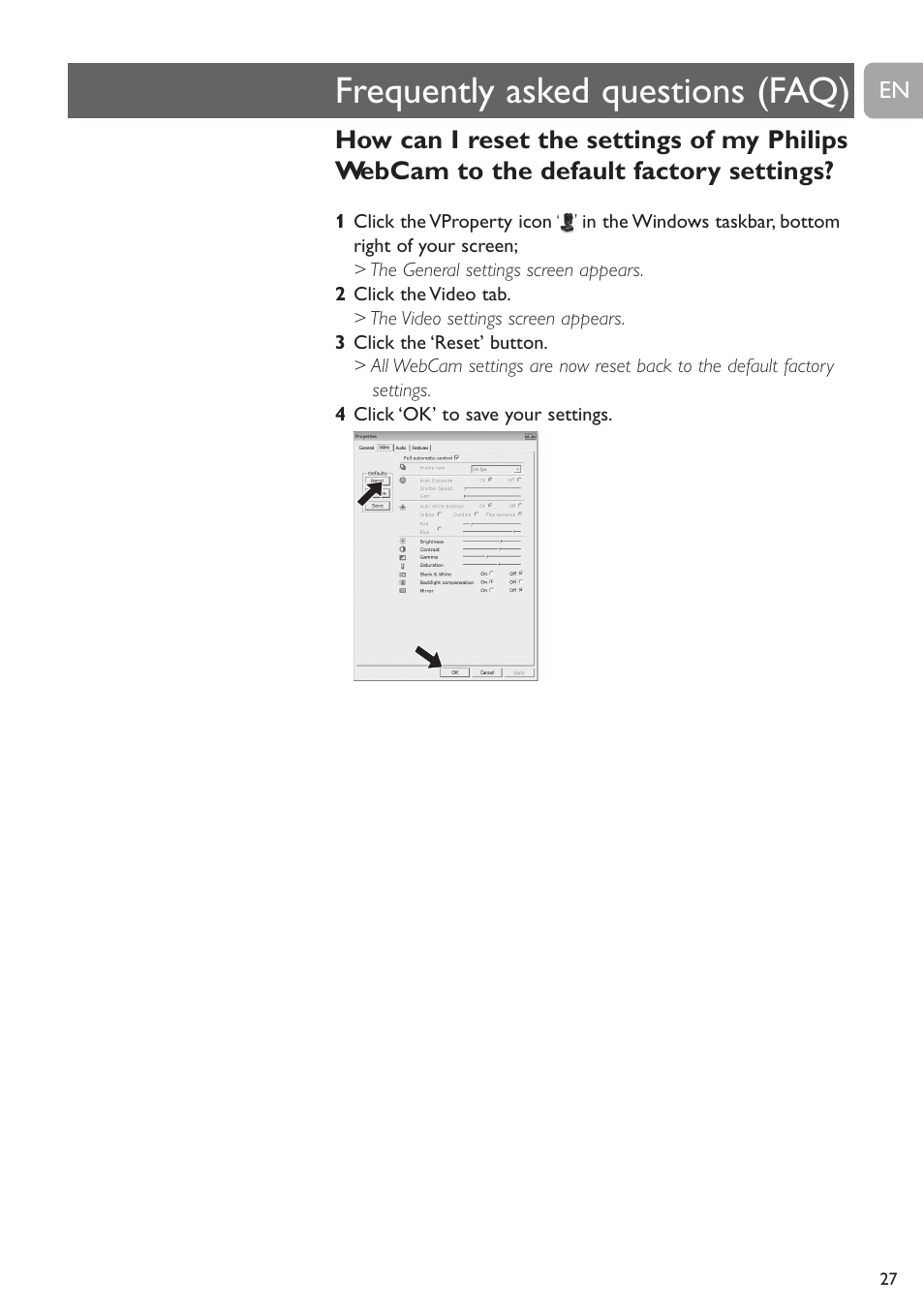 Frequently asked questions (faq) | Philips SPC530NC User Manual | Page 27 / 28