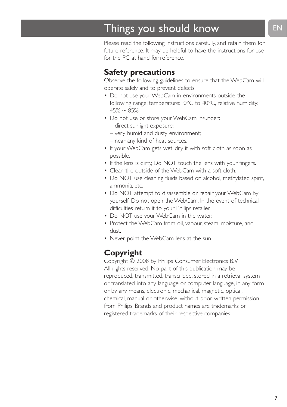 Things you should know, Safety precautions, Copyright | Philips SPC530NC User Manual | Page 7 / 28