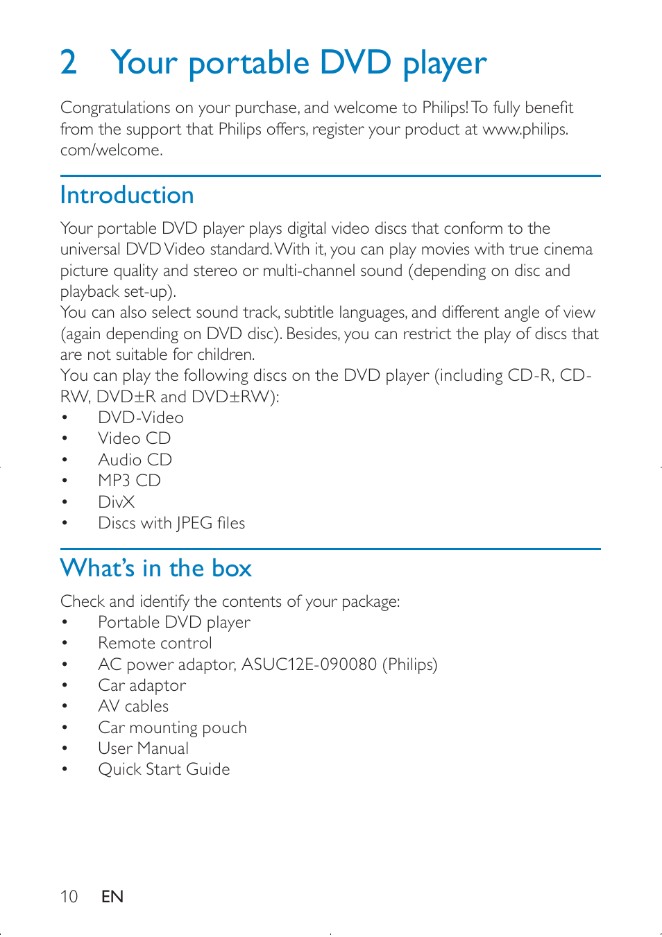 2 your portable dvd player, Introduction, What’s in the box | Philips PD9000/12 User Manual | Page 10 / 22