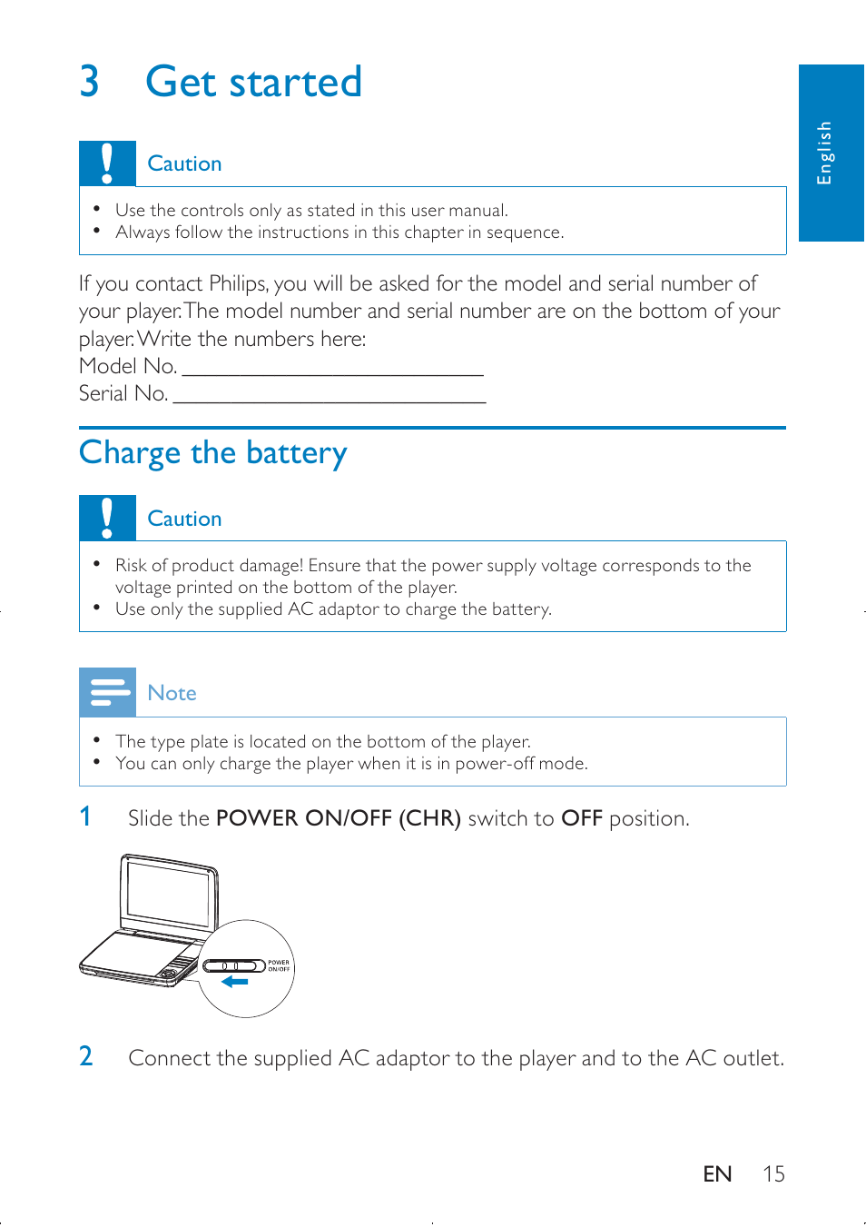 3 get started, Charge the battery | Philips PD9000/12 User Manual | Page 15 / 22