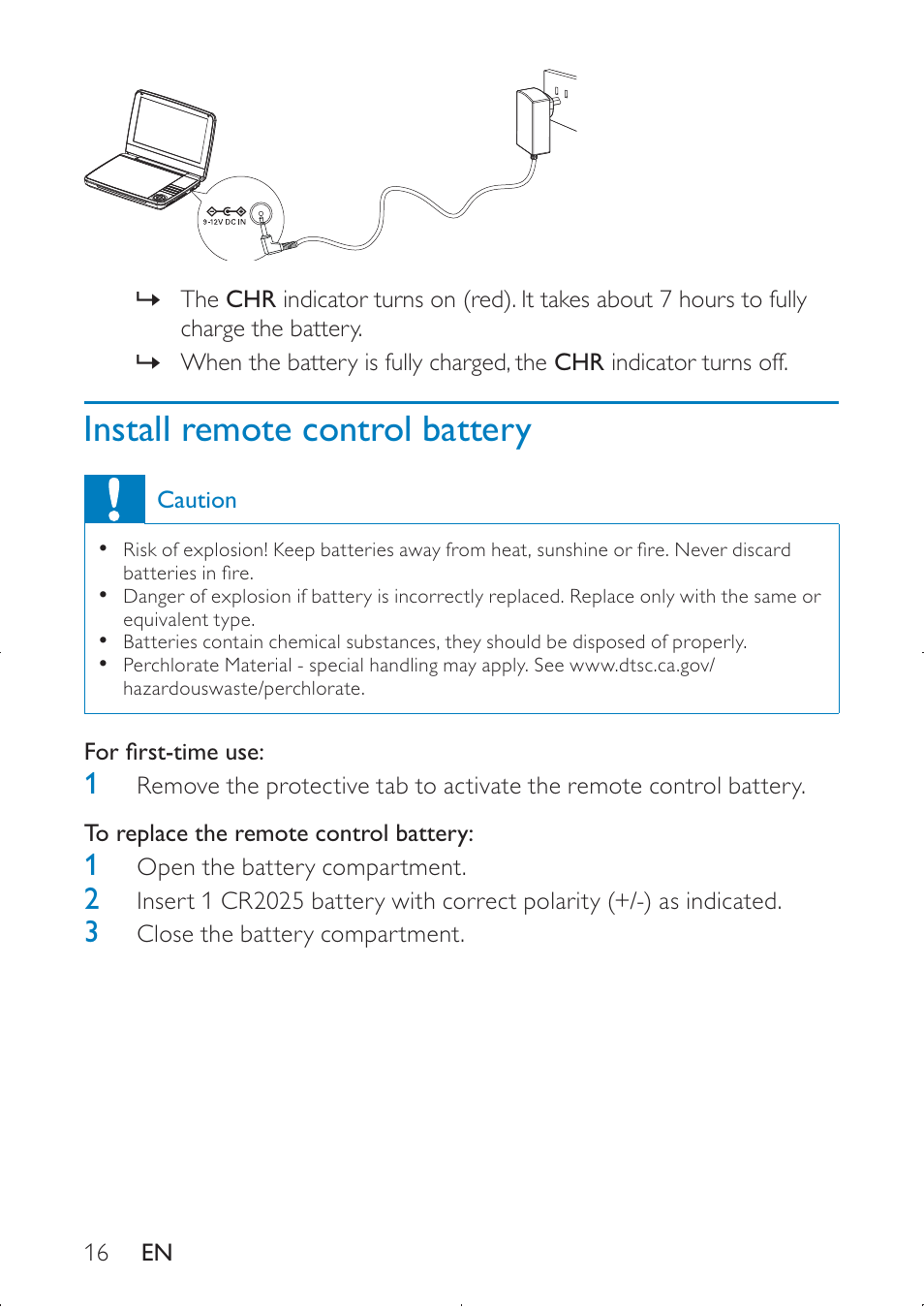 Install remote control battery | Philips PD9000/12 User Manual | Page 16 / 22