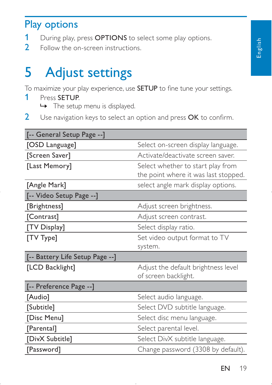 5 adjust settings, Play options | Philips PD9000/12 User Manual | Page 19 / 22