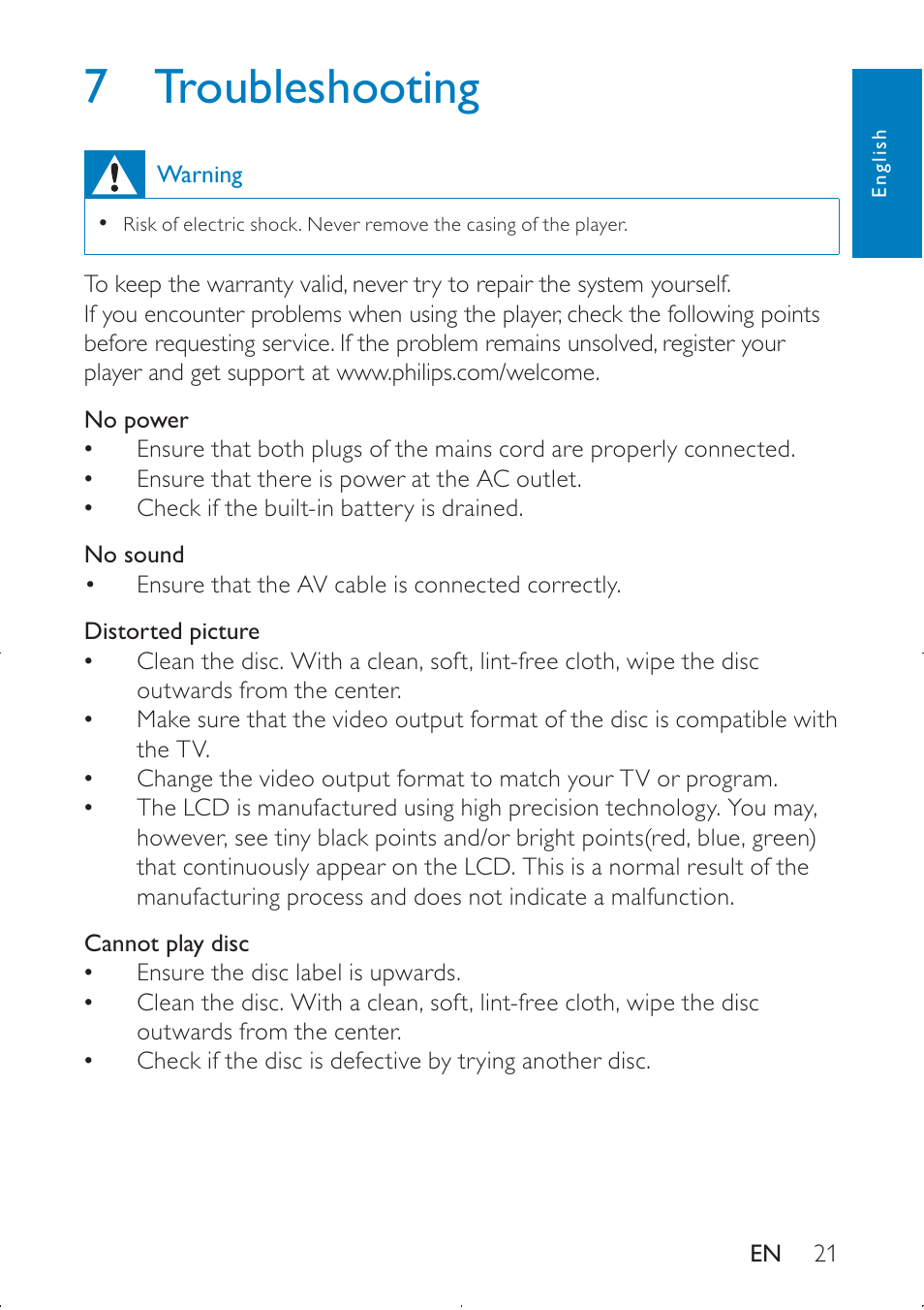 7 troubleshooting | Philips PD9000/12 User Manual | Page 21 / 22