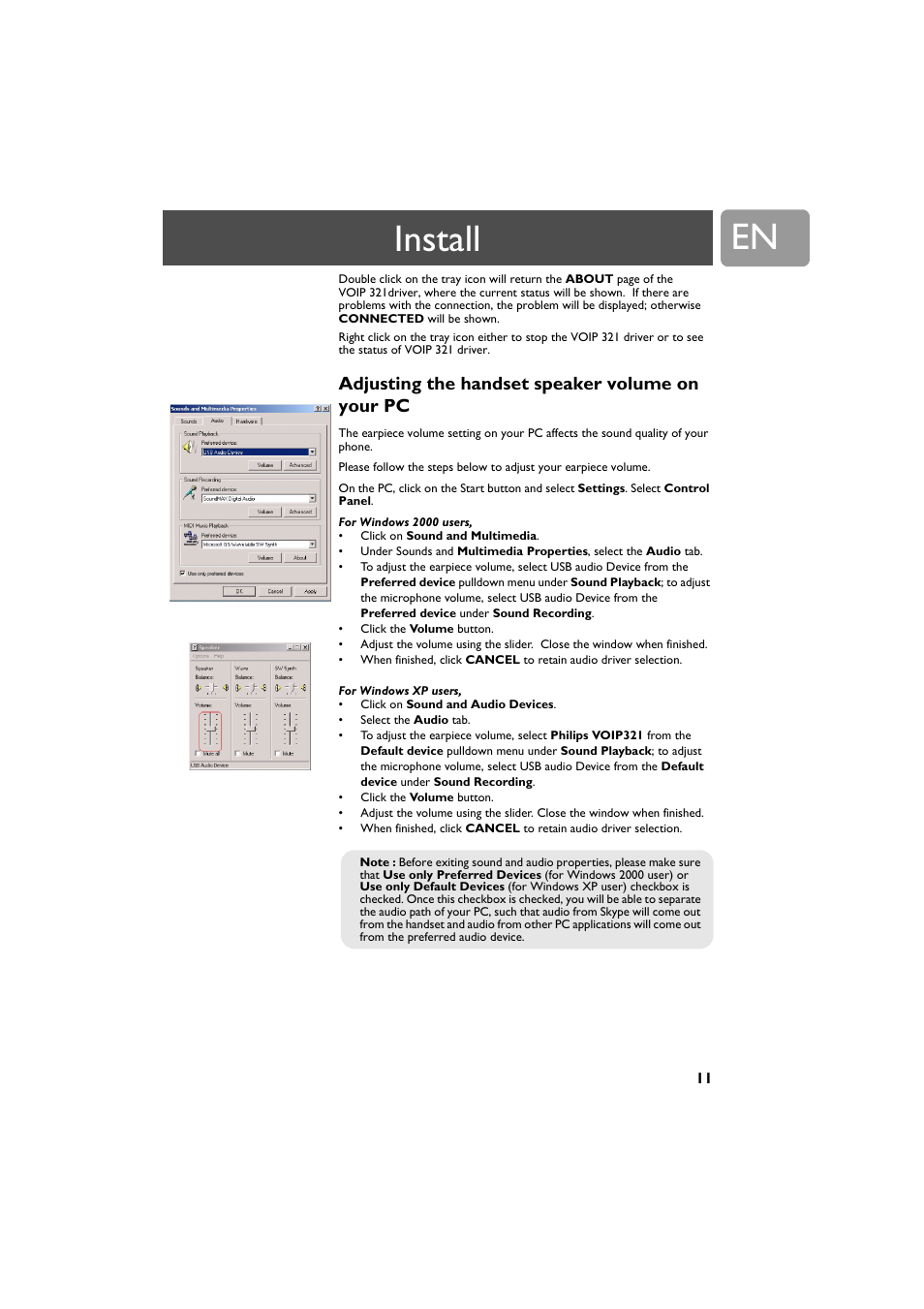 Adjusting the handset speaker volume on your pc, Install | Philips VOIP321 User Manual | Page 11 / 44