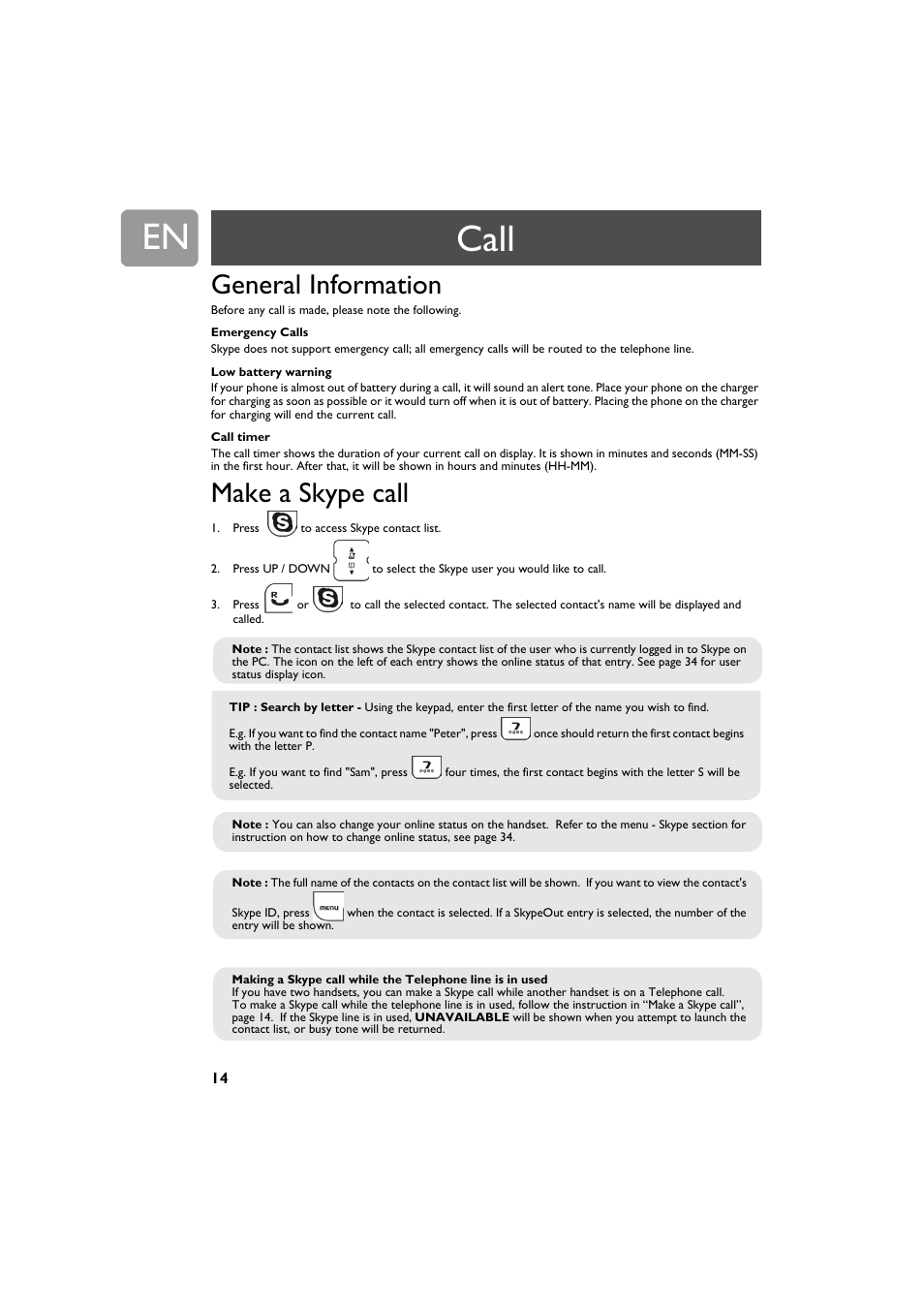 Call, General information, Make a skype call | Philips VOIP321 User Manual | Page 14 / 44