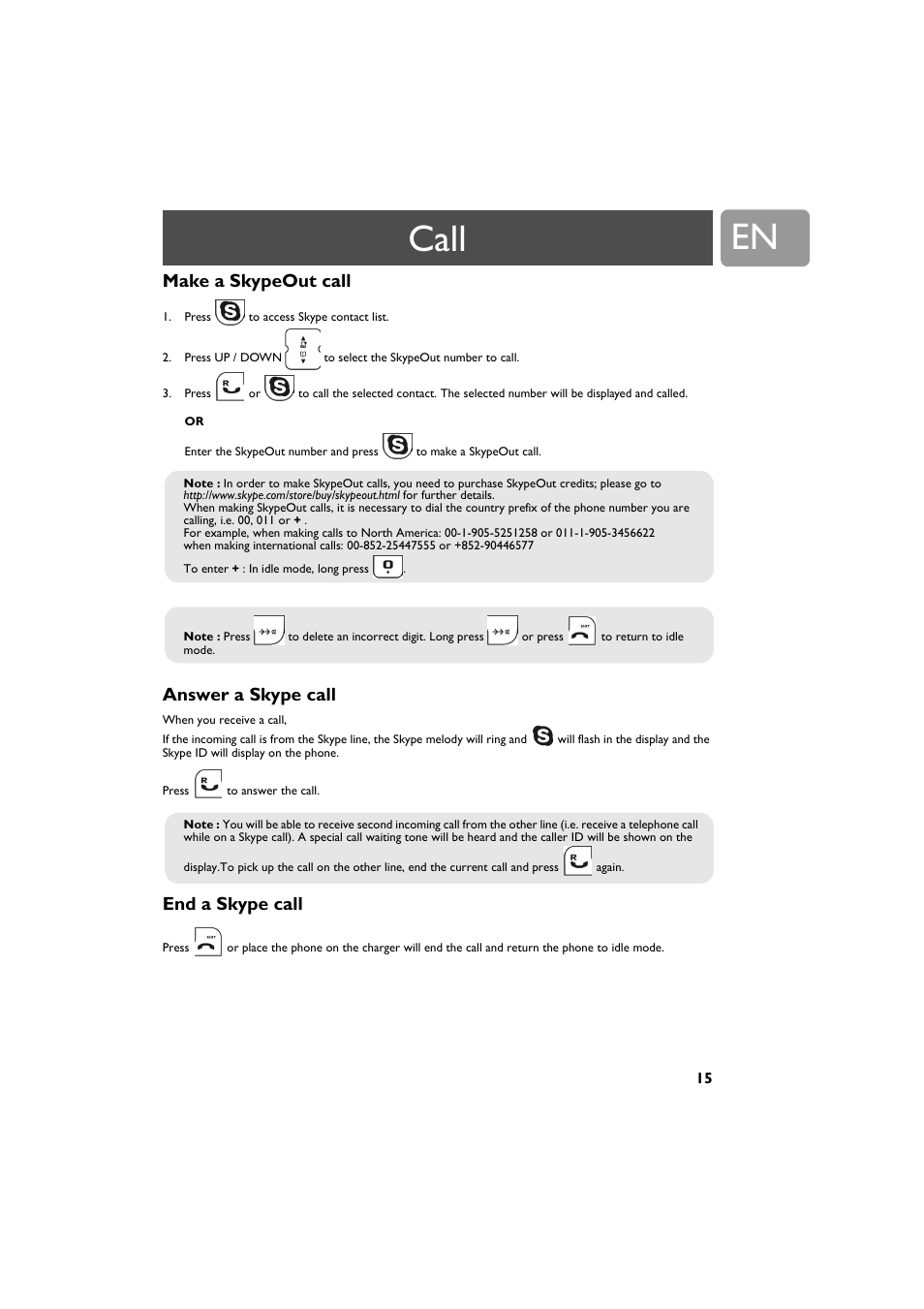 Make a skypeout call, Answer a skype call, End a skype call | Call | Philips VOIP321 User Manual | Page 15 / 44