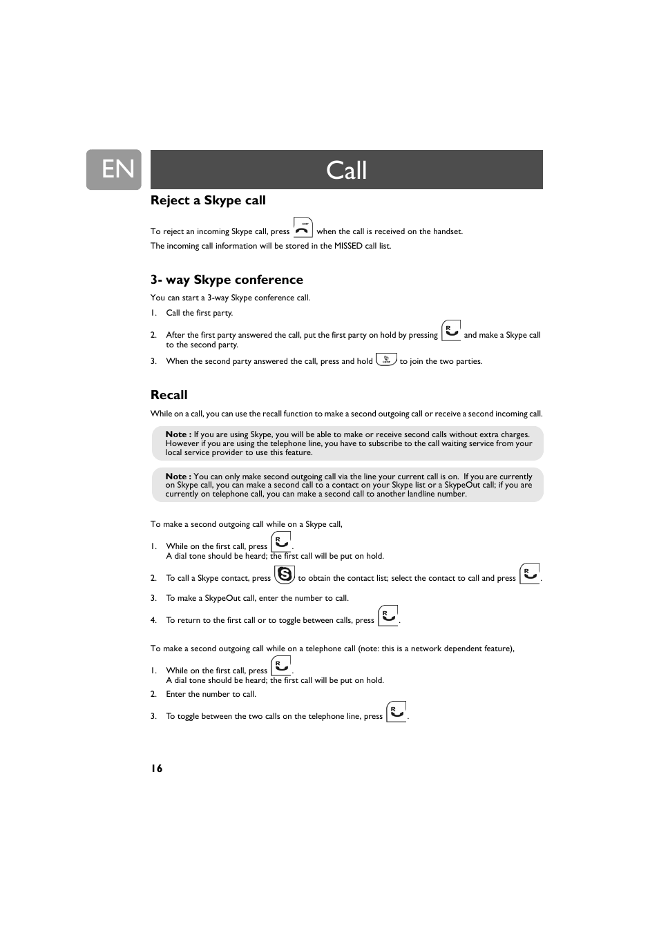 Reject a skype call, Way skype conference, Recall | Call | Philips VOIP321 User Manual | Page 16 / 44