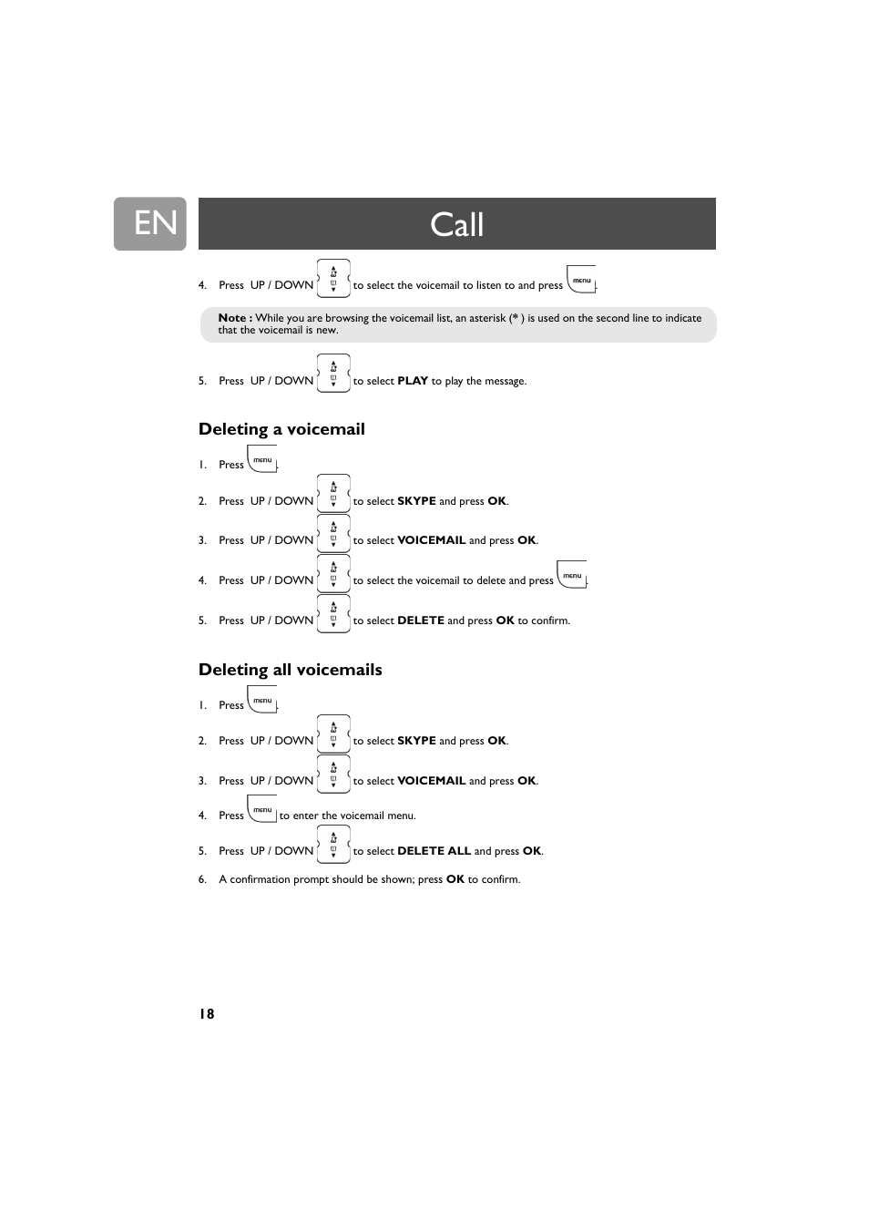 Deleting a voicemail, Deleting all voicemails, Call | Philips VOIP321 User Manual | Page 18 / 44