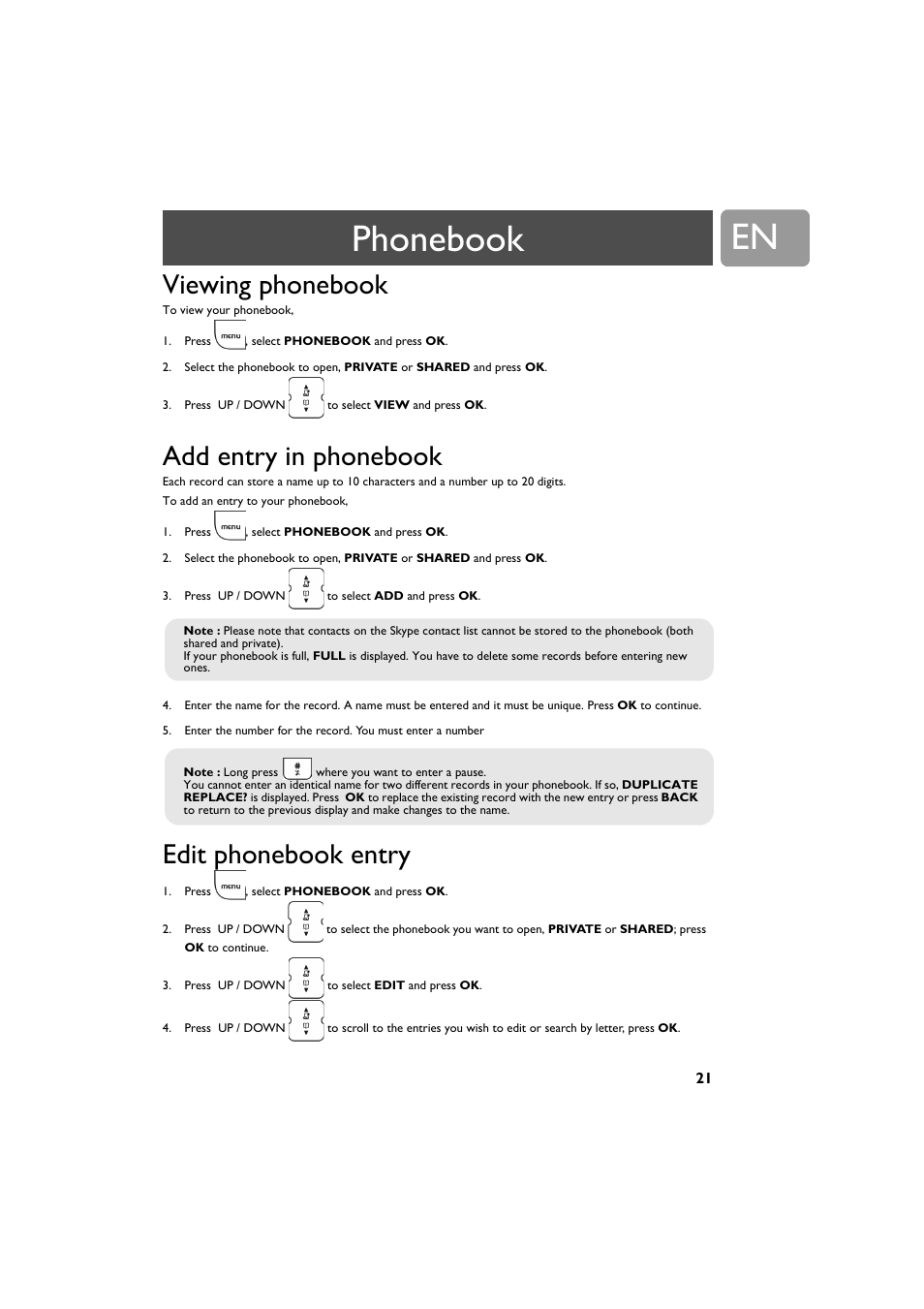 Phonebook, Viewing phonebook, Add entry in phonebook | Edit phonebook entry | Philips VOIP321 User Manual | Page 21 / 44