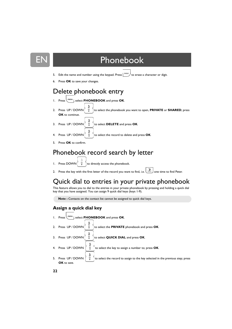 Delete phonebook entry, Phonebook record search by letter, Quick dial to entries in your private phonebook | Assign a quick dial key, Phonebook | Philips VOIP321 User Manual | Page 22 / 44