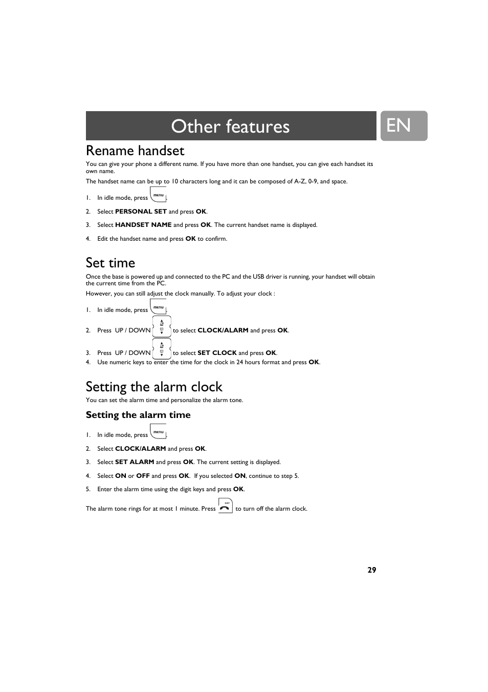 Rename handset, Set time, Setting the alarm clock | Setting the alarm time, Other features | Philips VOIP321 User Manual | Page 29 / 44