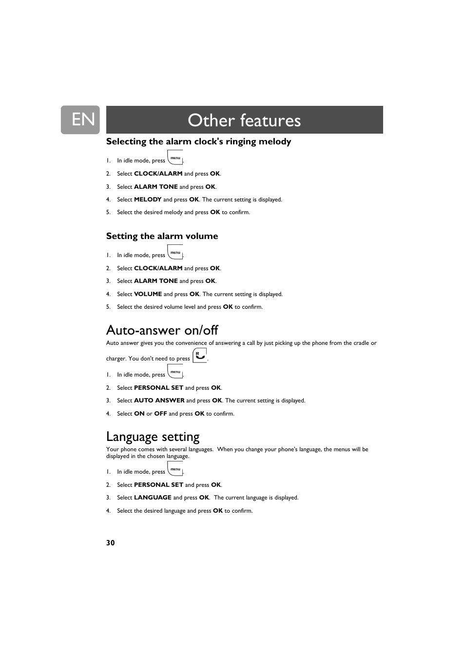 Selecting the alarm clock's ringing melody, Setting the alarm volume, Auto-answer on/off | Language setting, Other features | Philips VOIP321 User Manual | Page 30 / 44