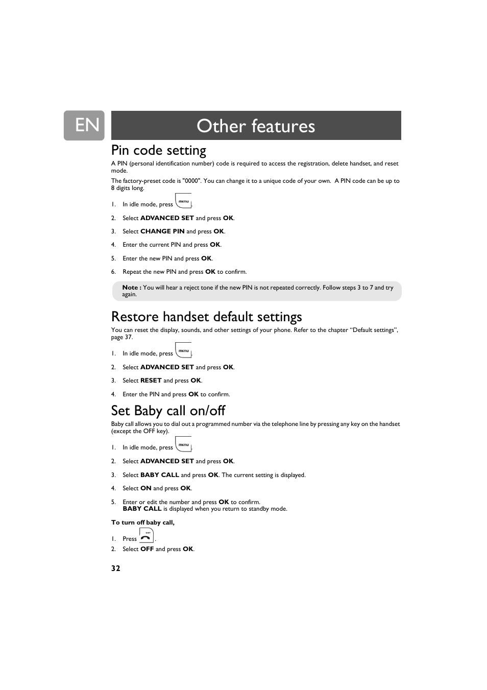 Pin code setting, Restore handset default settings, Set baby call on/off | Other features | Philips VOIP321 User Manual | Page 32 / 44