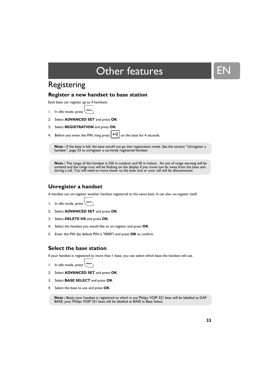 Registering, Register a new handset to base station, Unregister a handset | Select the base station, Other features | Philips VOIP321 User Manual | Page 33 / 44
