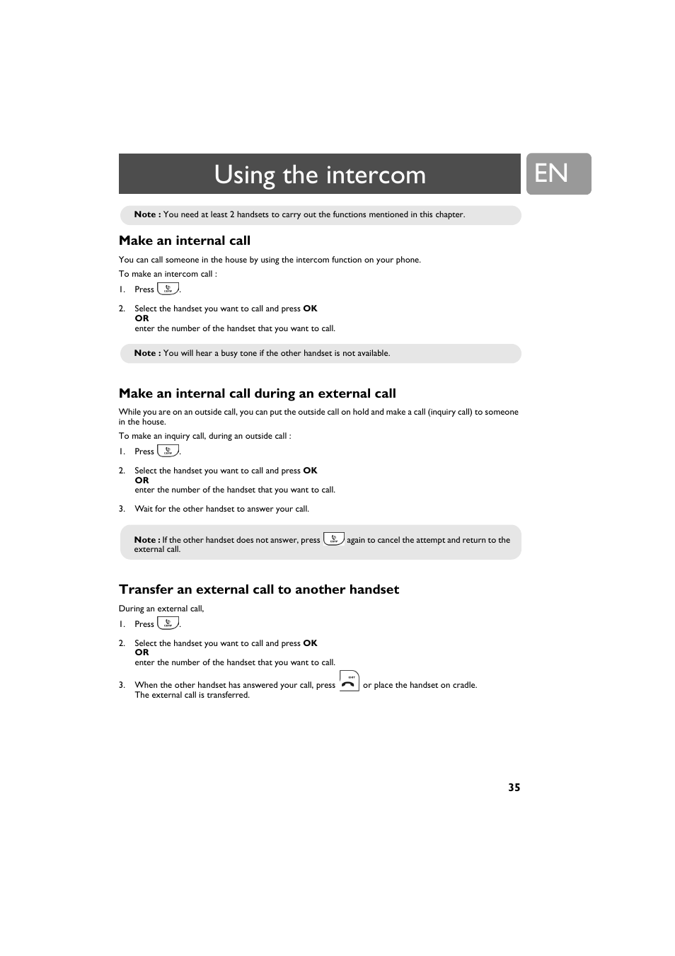 Using the intercom, Make an internal call, Make an internal call during an external call | Transfer an external call to another handset | Philips VOIP321 User Manual | Page 35 / 44
